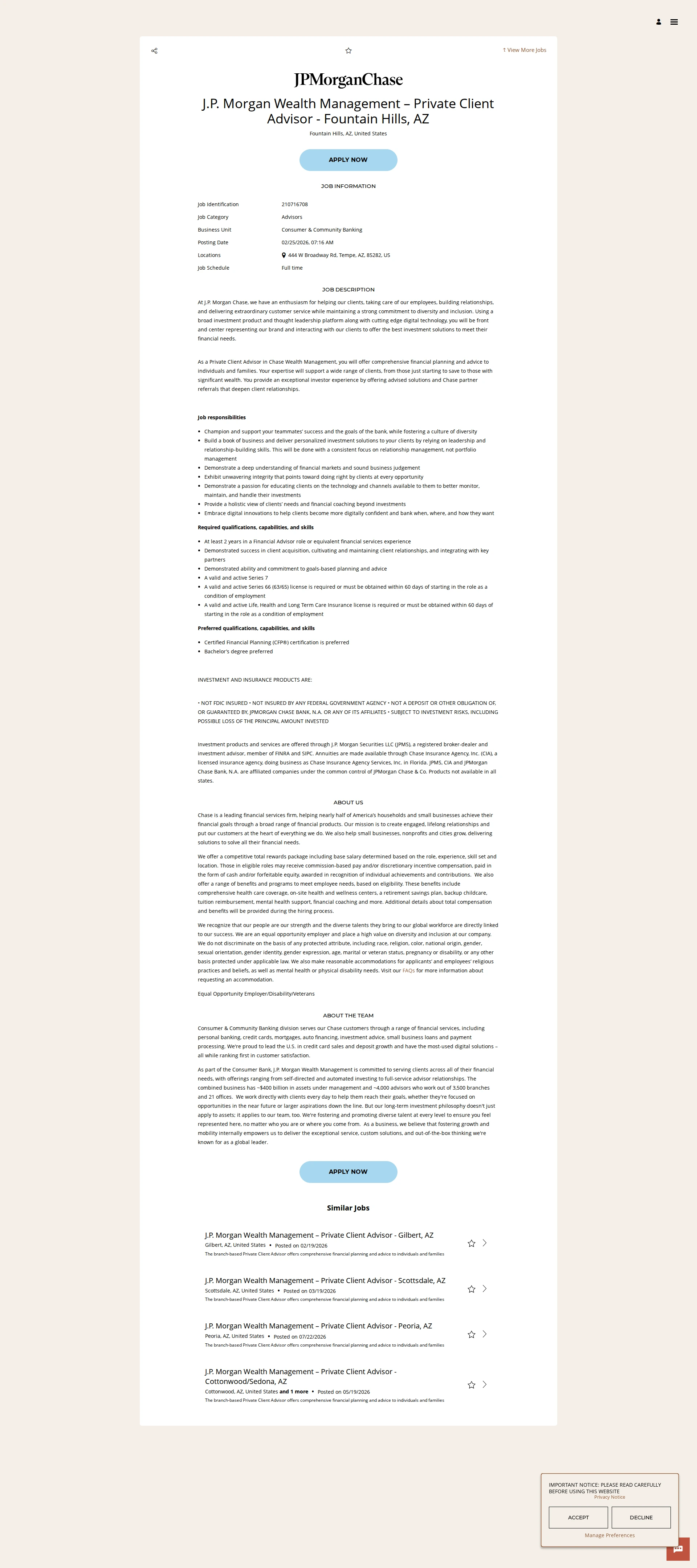 JPMorganChase J.P. Morgan Wealth Management – Private Client Advisor - Fountain Hills, AZ 채용공고