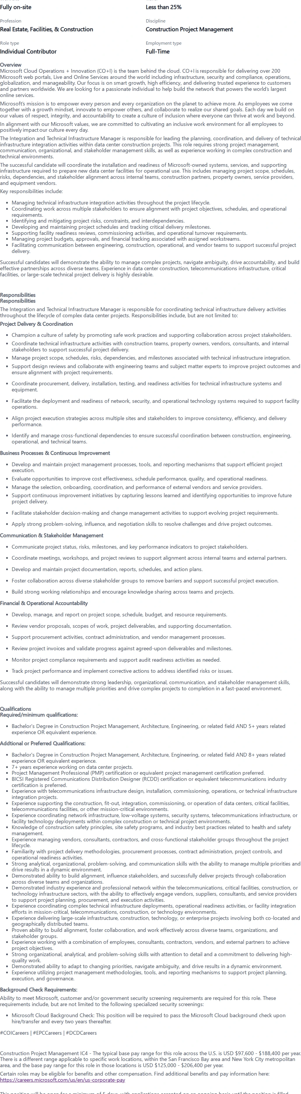 마이크로소프트(Microsoft) Integration and Technical Infrastructure Manager (ITIM) 채용공고