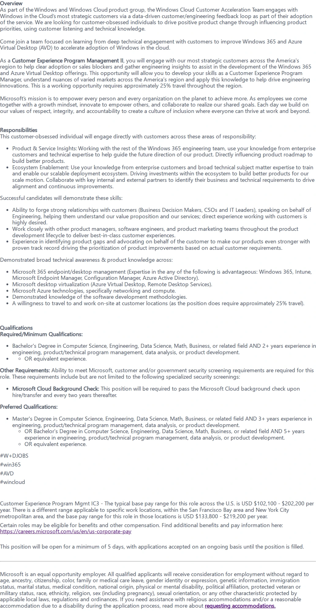 마이크로소프트(Microsoft) Customer Experience Program Manager II - Windows Cloud 채용공고