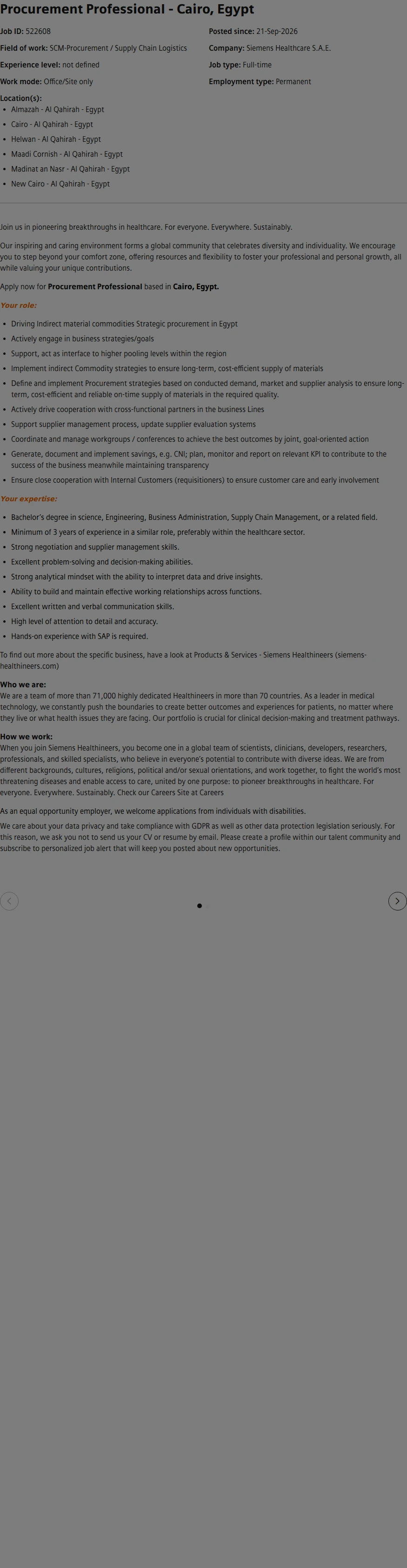 SiemensHealthineers Procurement Professional - Cairo, Egypt 채용공고