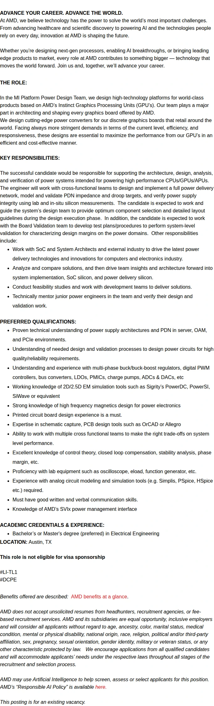 AMD Sr. Power Design Engineer, DC GPU Platform Design 채용공고