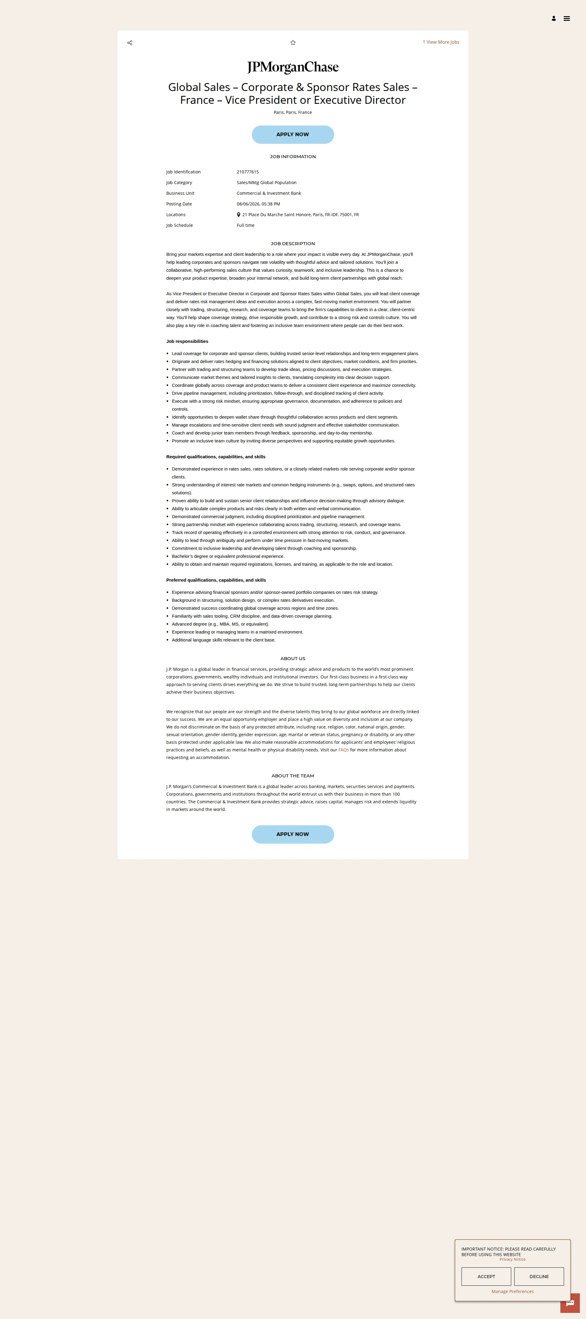 JPMorganChase Global Sales – Corporate & Sponsor Rates Sales – France – Vice President or Executive Director 채용공고