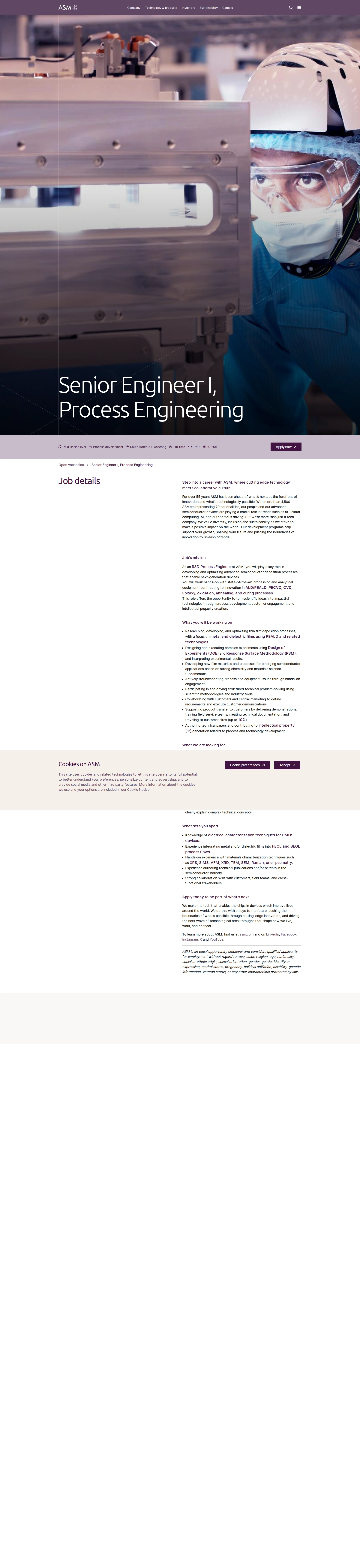 ASM Senior Engineer I, Process Engineering 채용공고