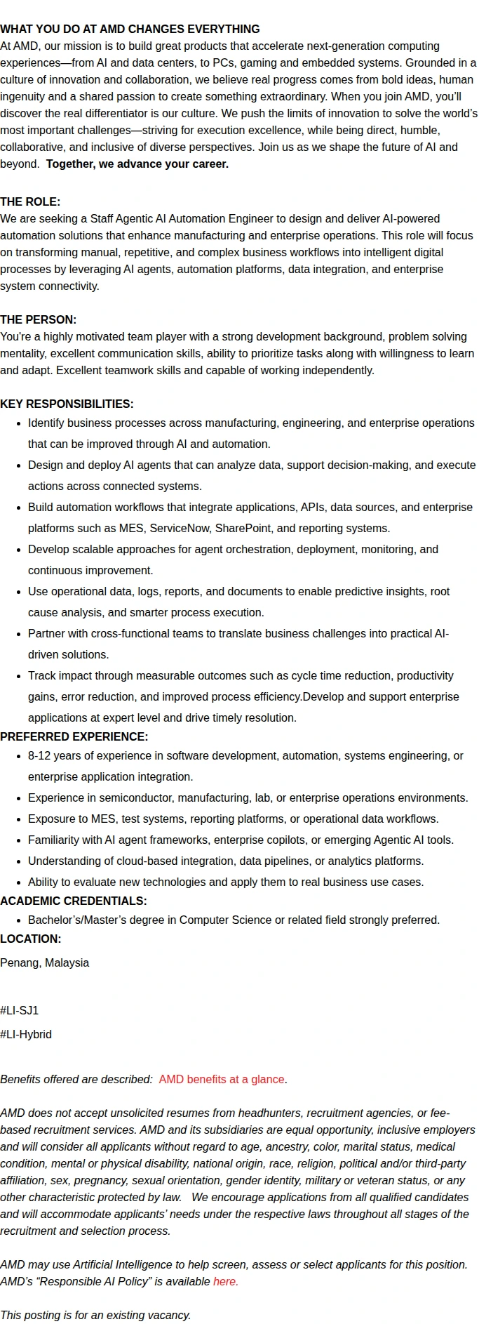 AMD Staff Manufacturing Systems Engineer (AI & Automation) 채용공고