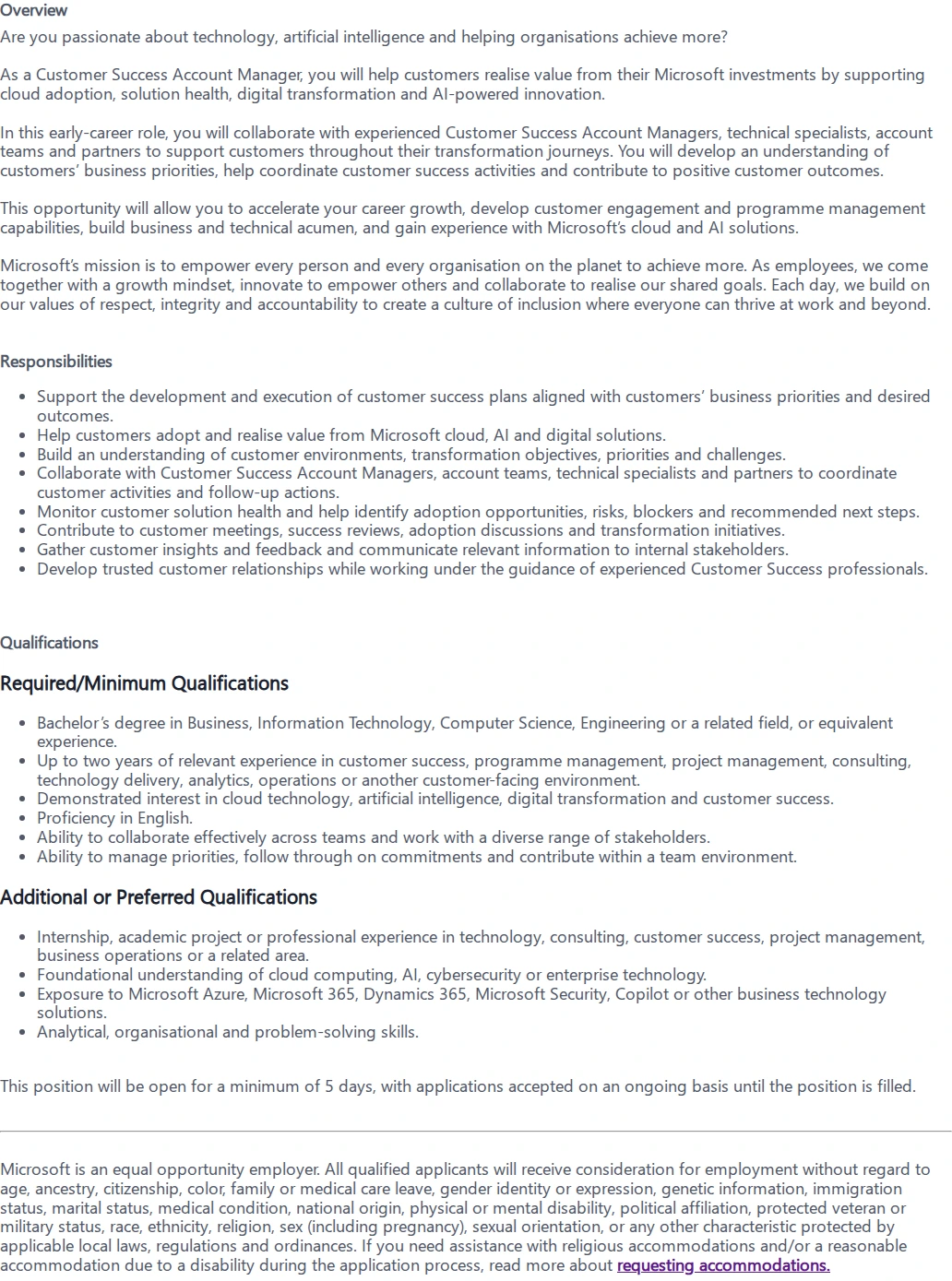 마이크로소프트(Microsoft) Customer Success Acct Manager 채용공고