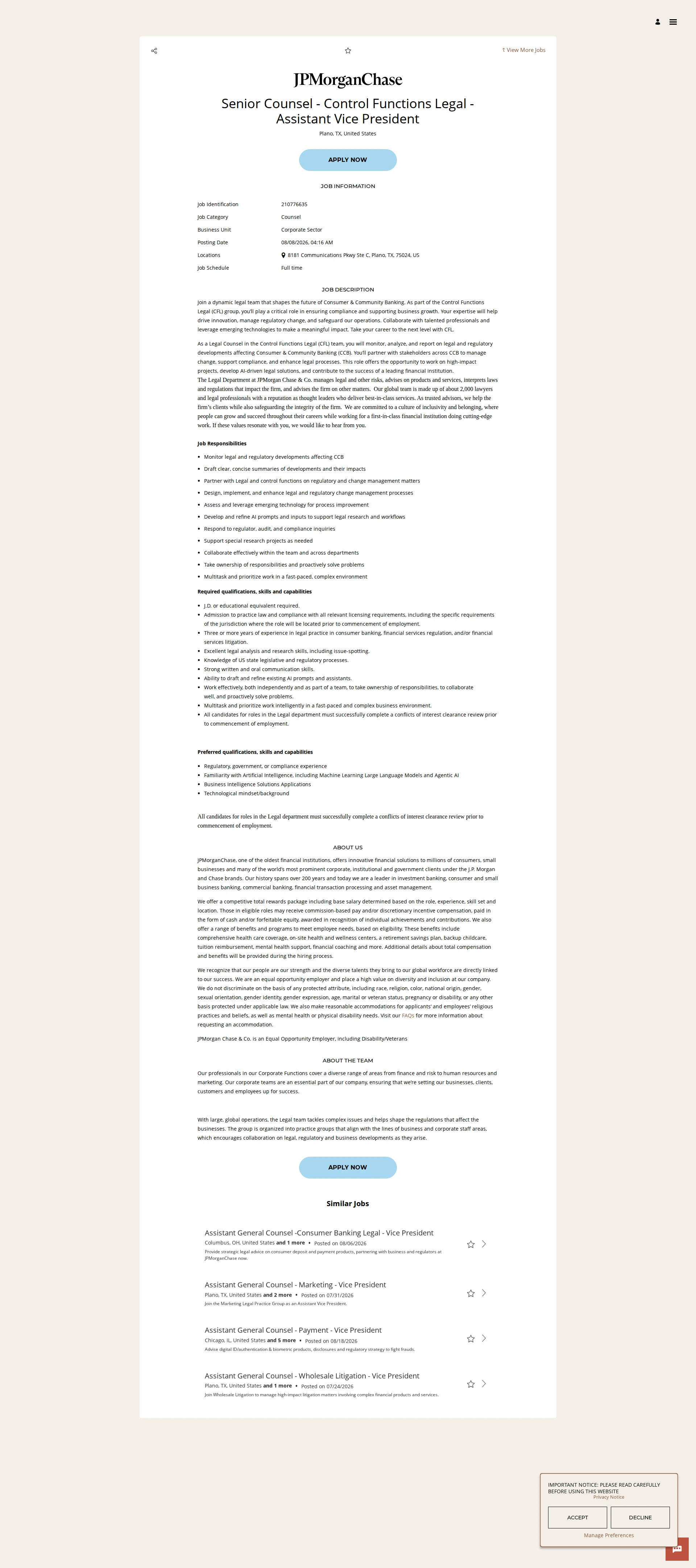 JPMorganChase Senior Counsel - Control Functions Legal - Assistant Vice President 채용공고