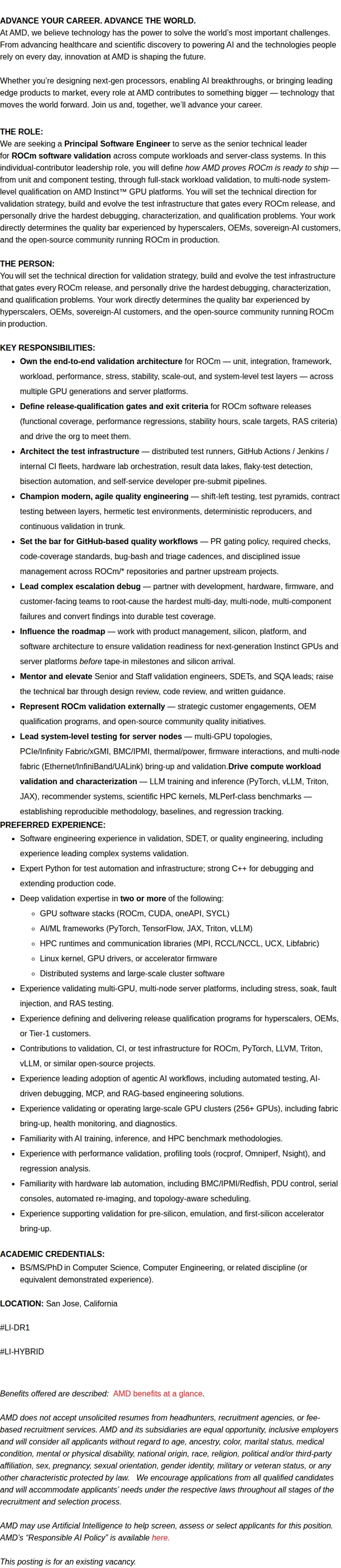 AMD Principal Software Developer – AI/ML Performance Validation & Systems Testing 채용공고