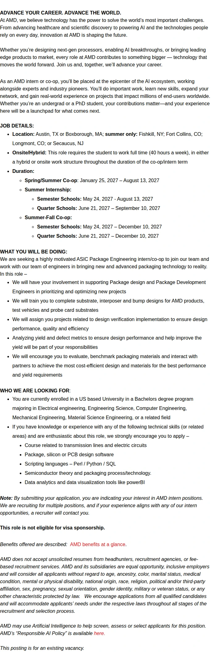 AMD 2027 Undergrad ASIC Package Engineering Co-op/Intern 채용공고