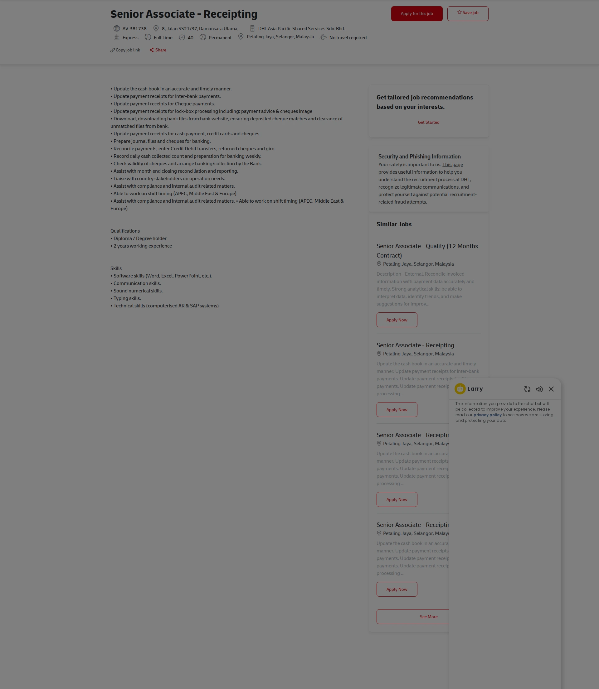 DHL Senior Associate - Receipting 채용공고