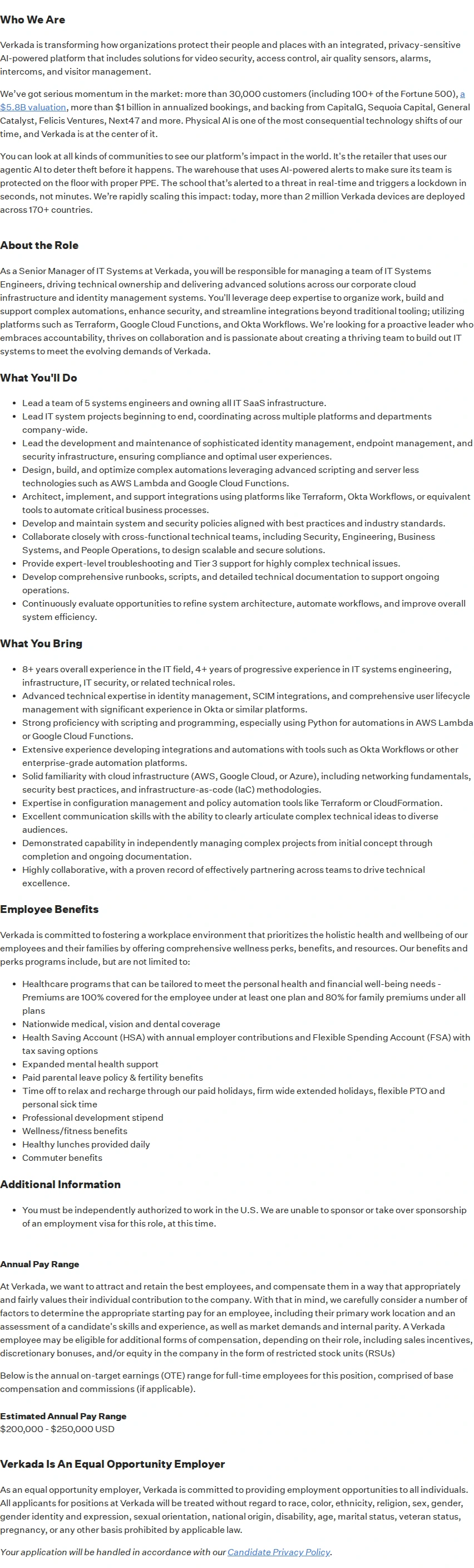 버카다 Senior Manager IT Systems 채용공고