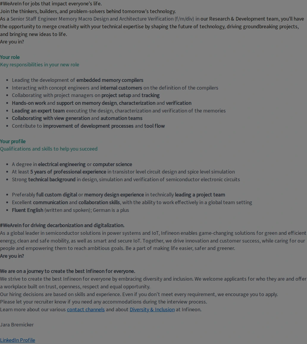인피니언테크놀로지스코리아 Senior Staff Engineer Memory Macro Design and Architecture Verification (f/m/div) 채용공고