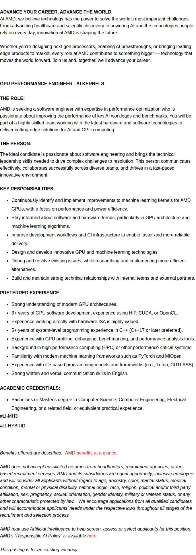 AMD GPU Performance Engineer – AI Kernels 채용공고