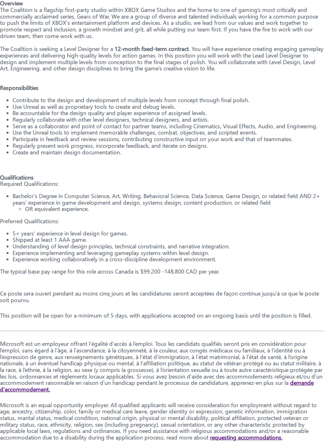 마이크로소프트(Microsoft) Level Designer - Gears of War - The Coalition (12-Month Fixed-Term Contract) 채용공고