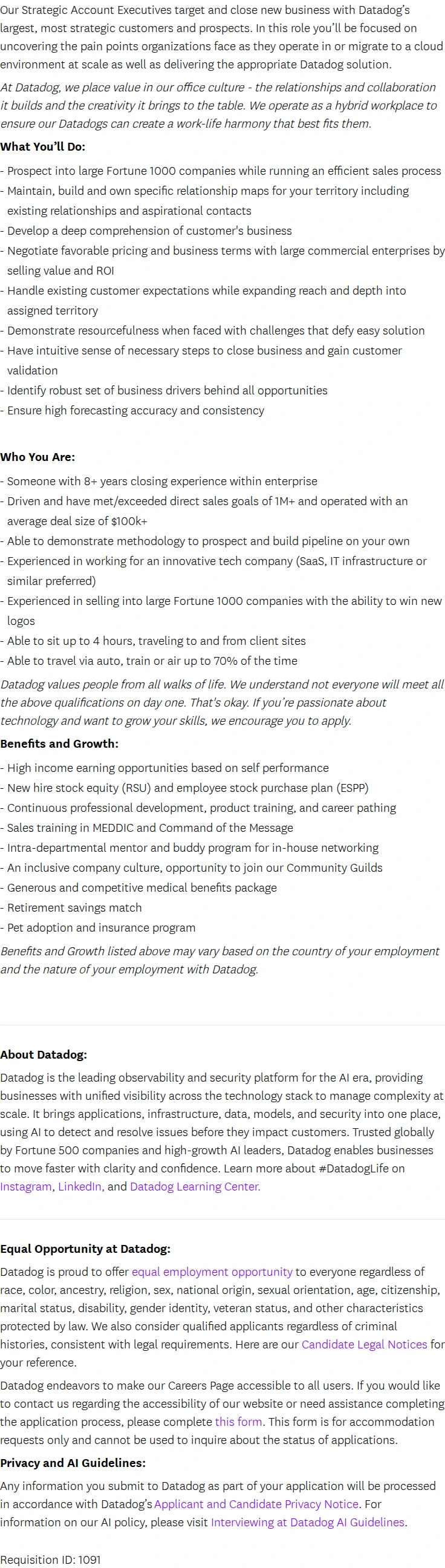 데이터독 Strategic Account Executive (Malaysia Market) 채용공고