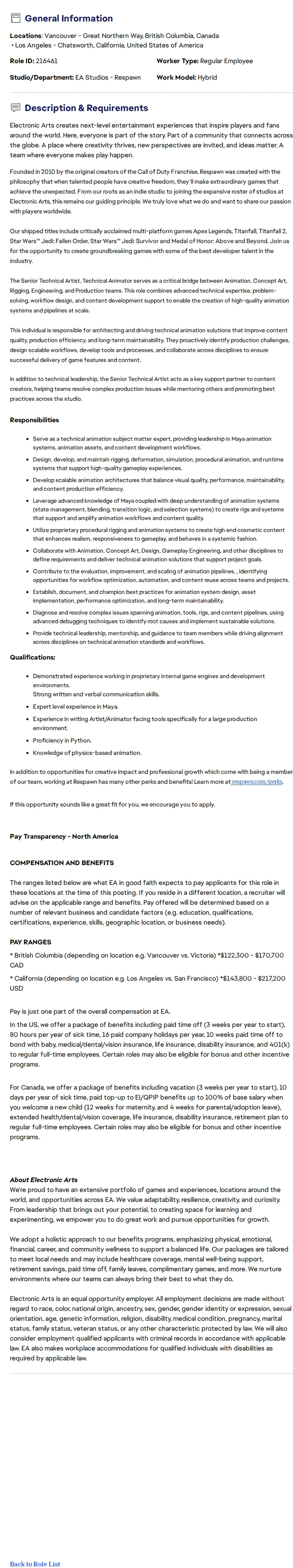ElectronicArts Senior Technical Artist (Apex Legends) 채용공고