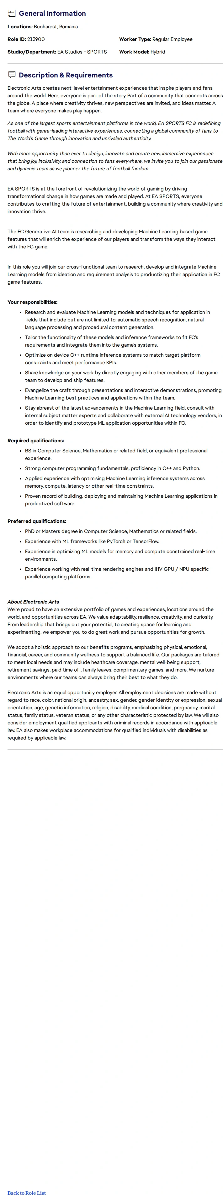 ElectronicArts Senior Software Engineer, Machine Learning - EA SPORTS™ FC 채용공고