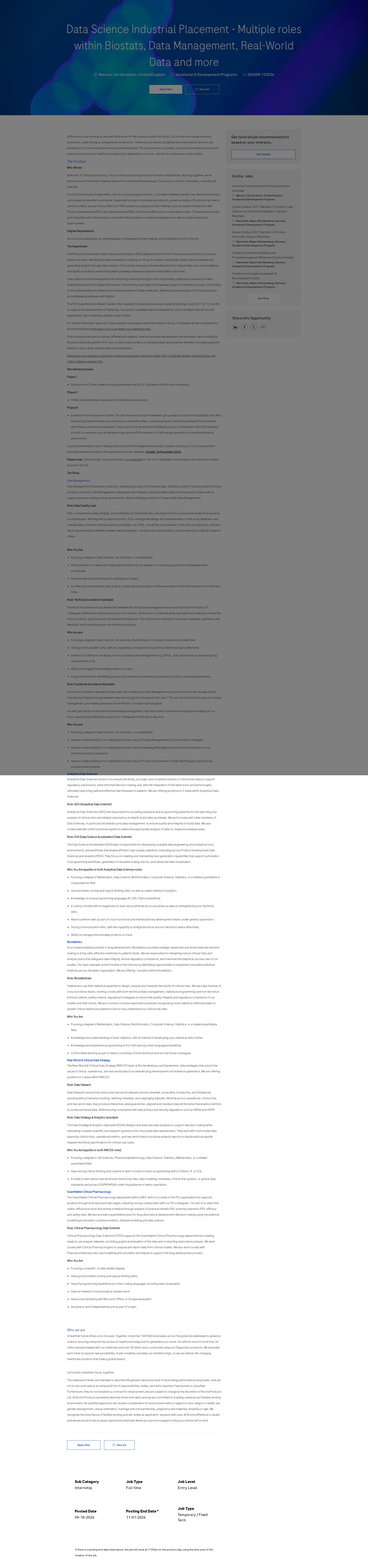 로슈 Data Science Industrial Placement - Multiple roles within Biostats, Data Management, Real-World Data and more 채용공고