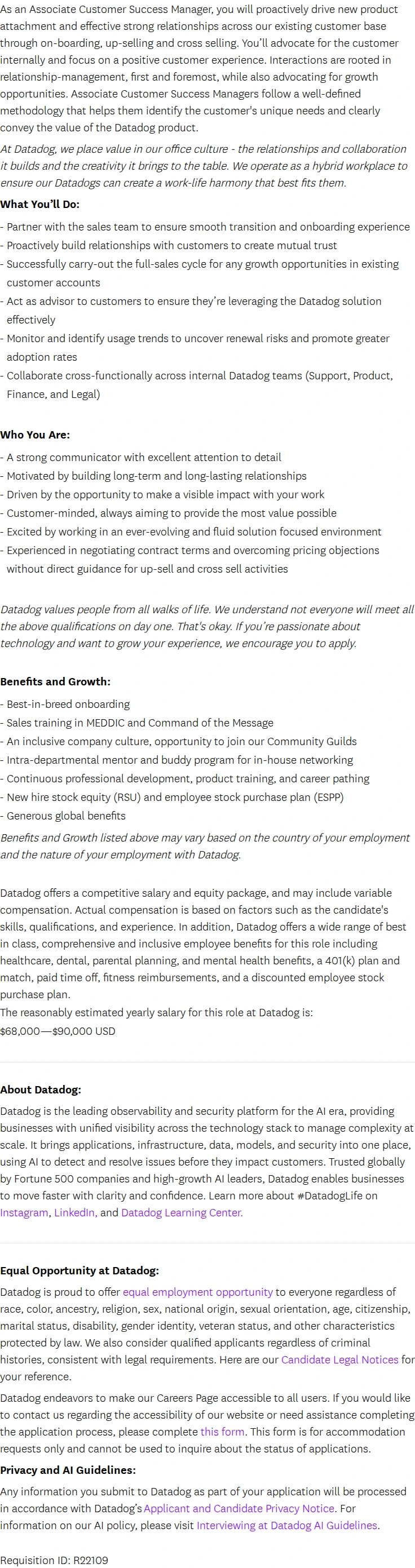 데이터독 Associate Customer Success Manager - Denver 채용공고