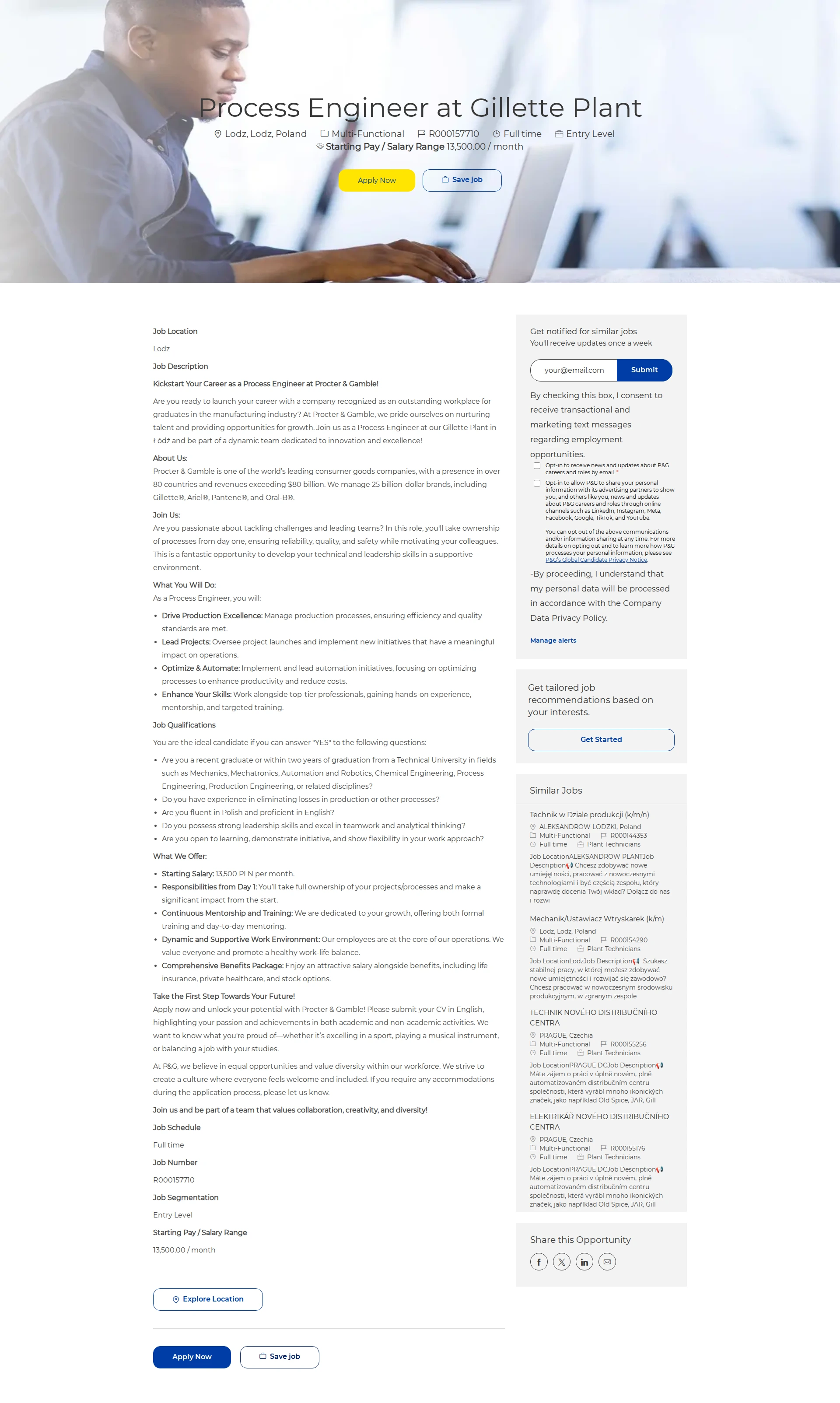 P&G Process Engineer at Gillette Plant 채용공고