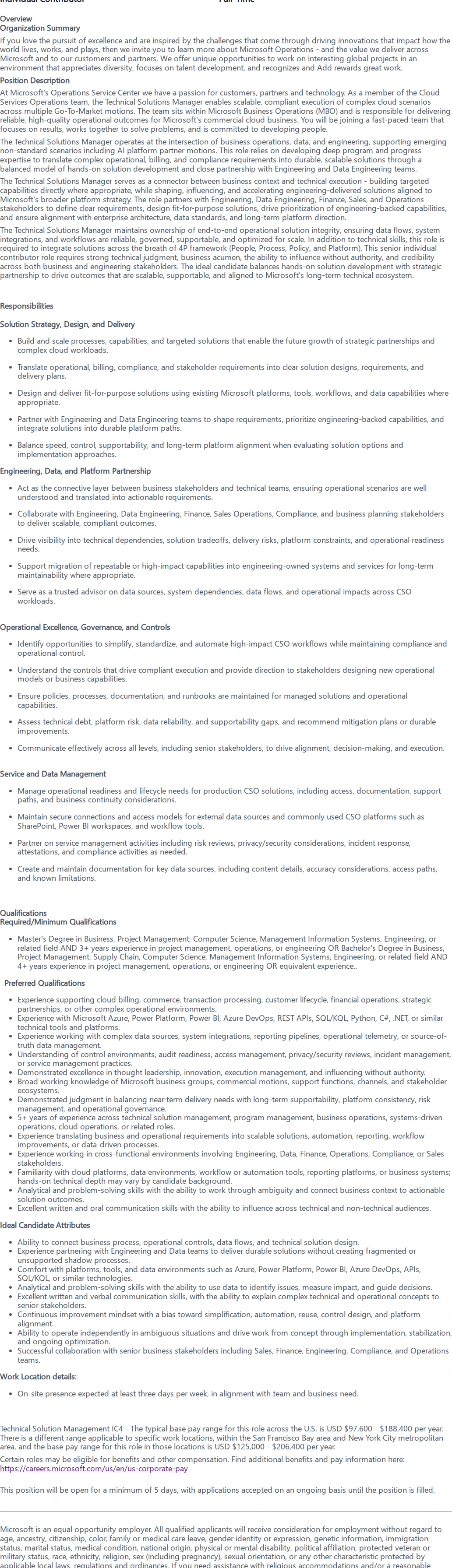 마이크로소프트(Microsoft) Technical Solutions Manager 채용공고