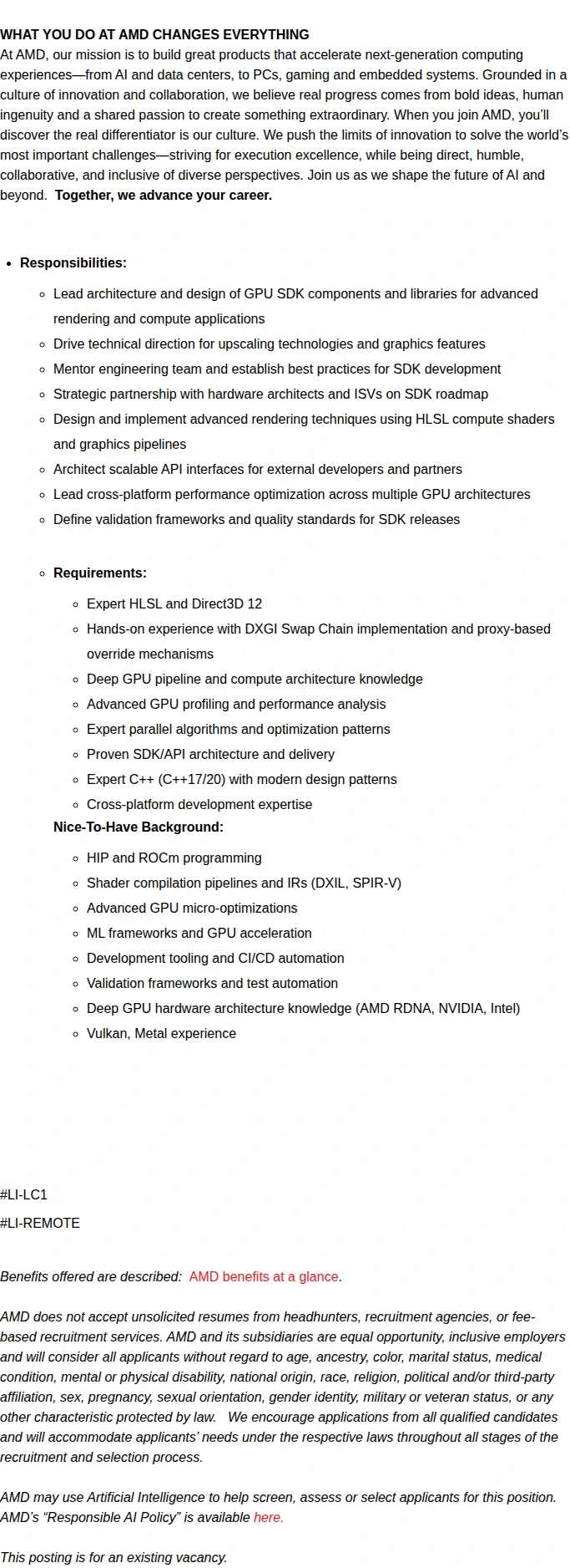 AMD Lead GPU SDK Engineer. 채용공고