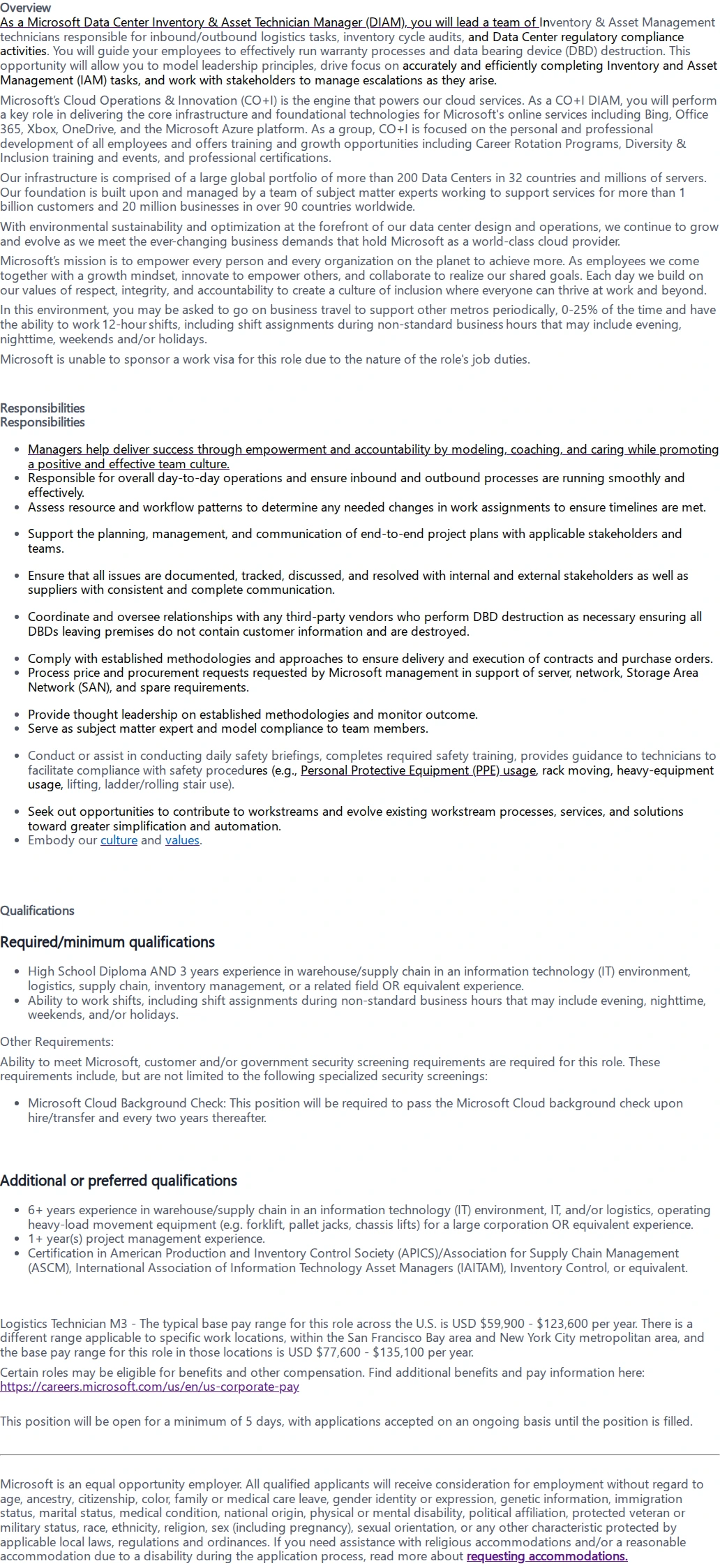 마이크로소프트(Microsoft) Data Center Inventory & Asset Technician Manager 채용공고