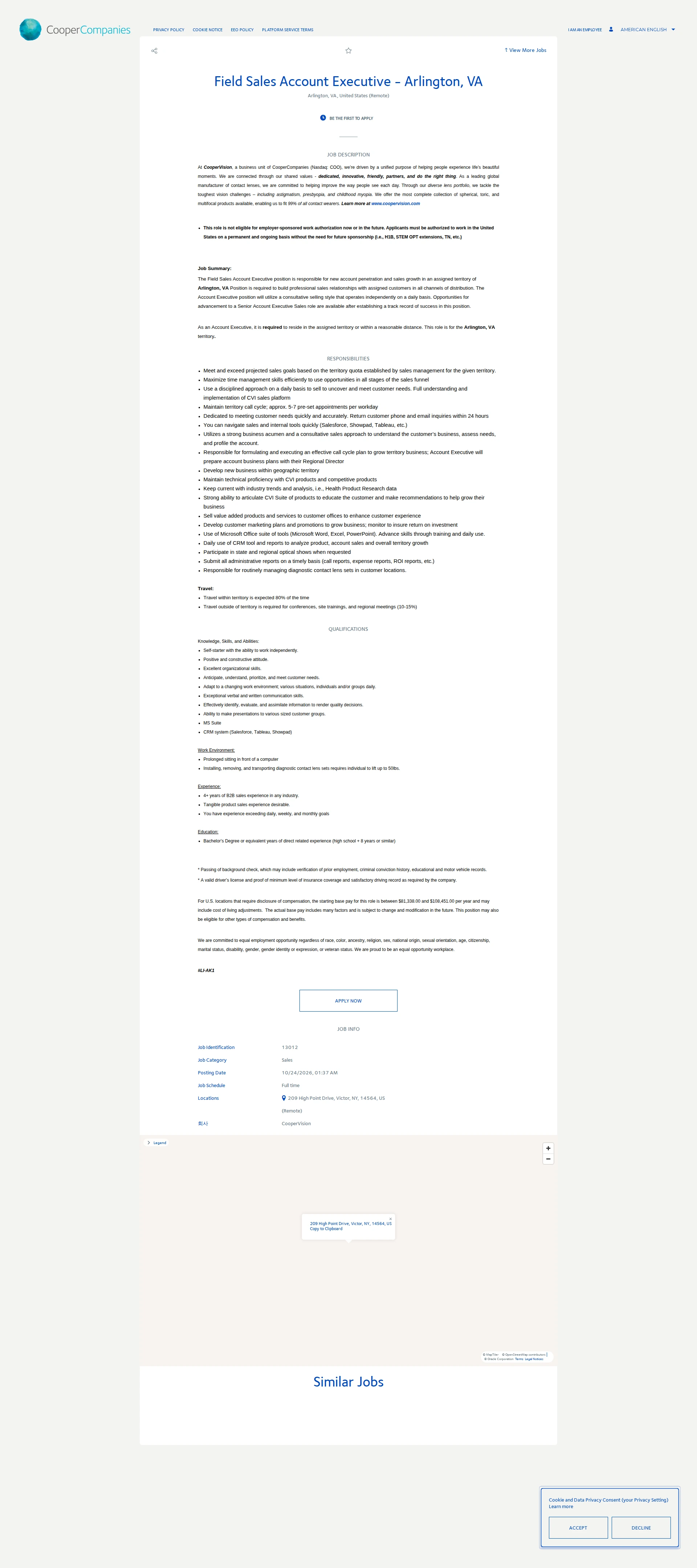 쿠퍼비전코리아 Field Sales Account Executive - Arlington, VA 채용공고
