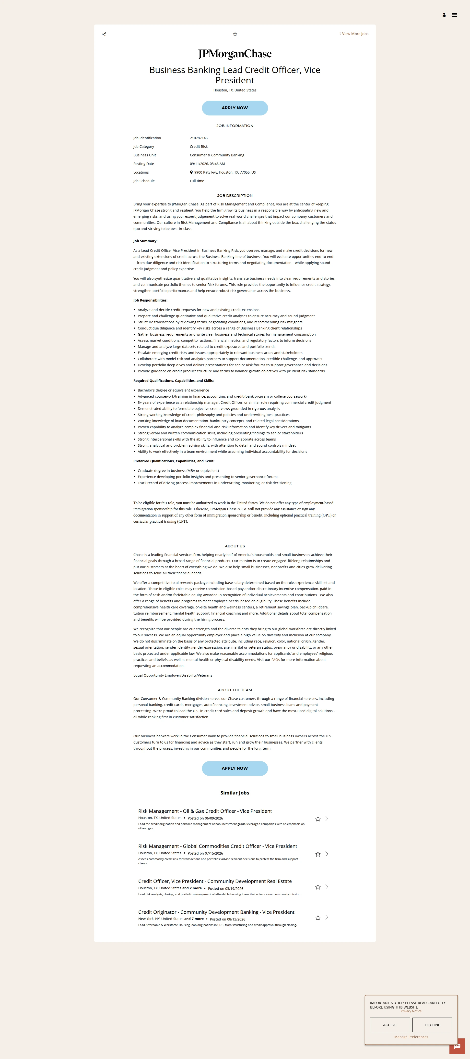 JPMorganChase Business Banking Lead Credit Officer, Vice President 채용공고