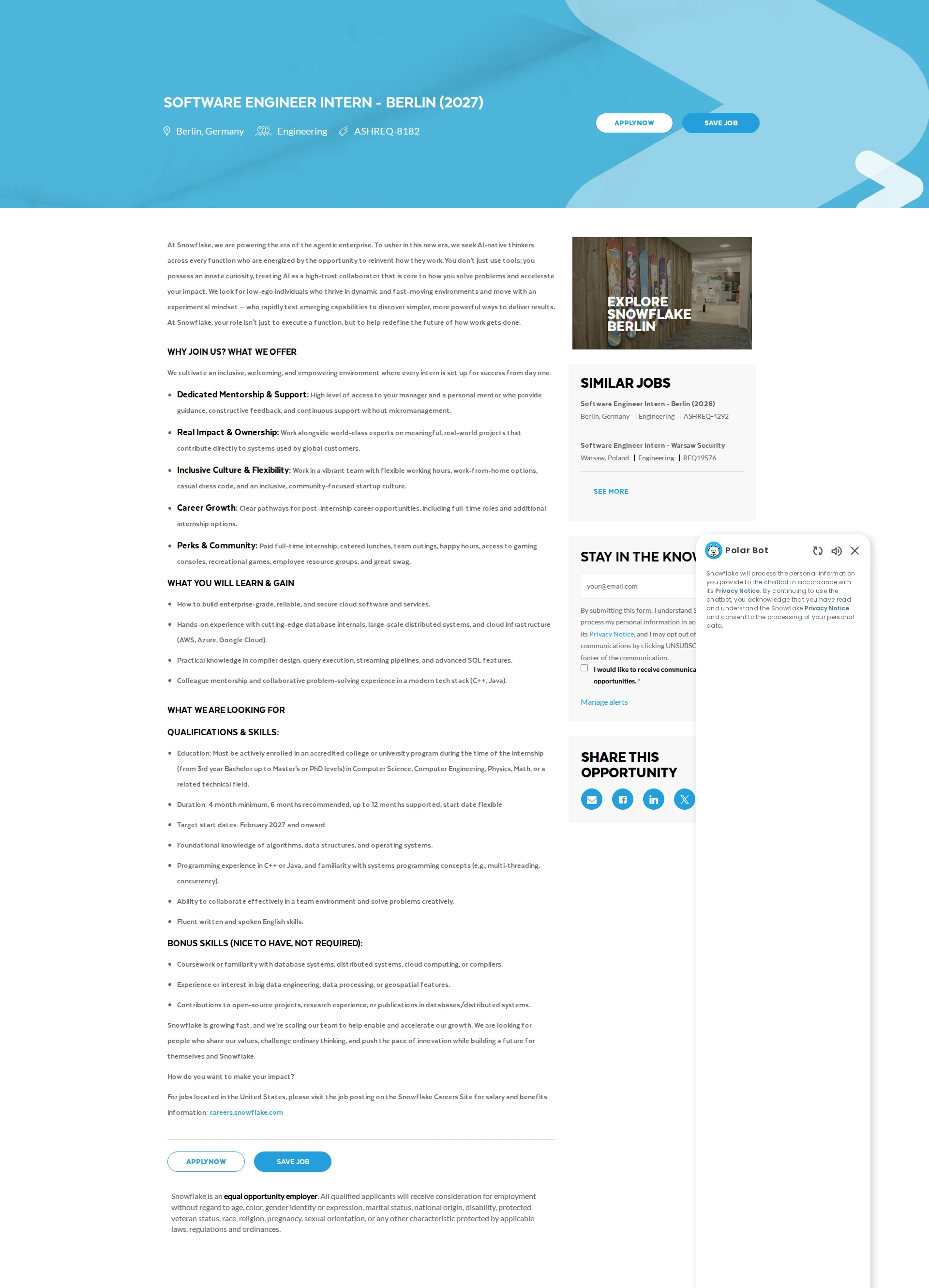 스노우플레이크 Software Engineer Intern - Berlin (2027) 채용공고