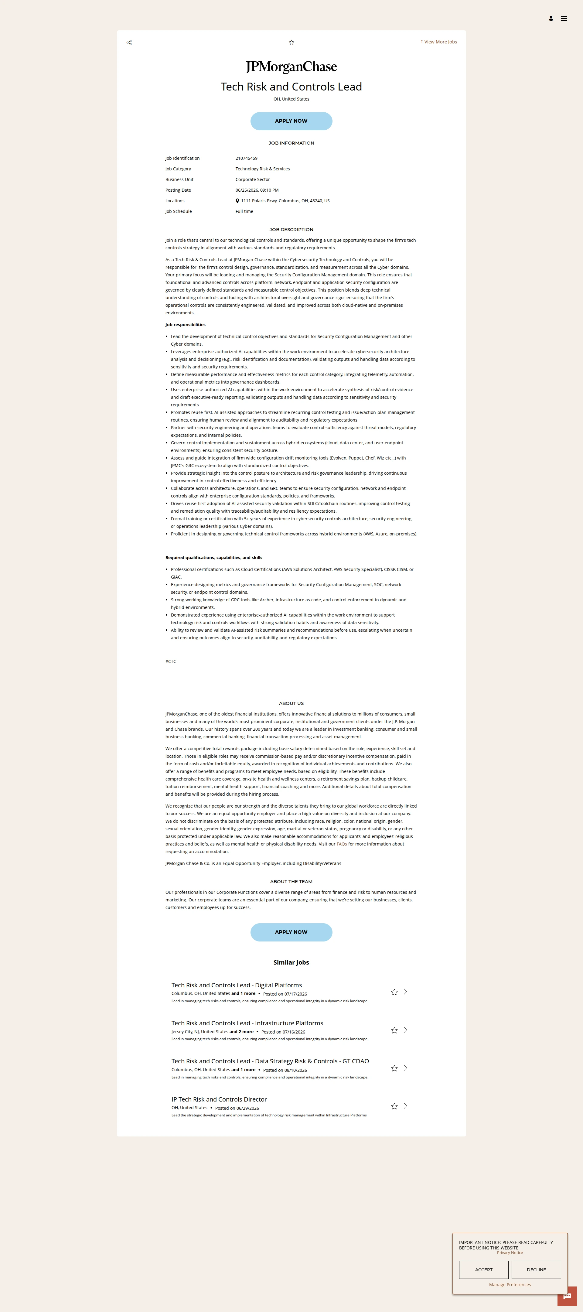 JPMorganChase Tech Risk and Controls Lead 채용공고
