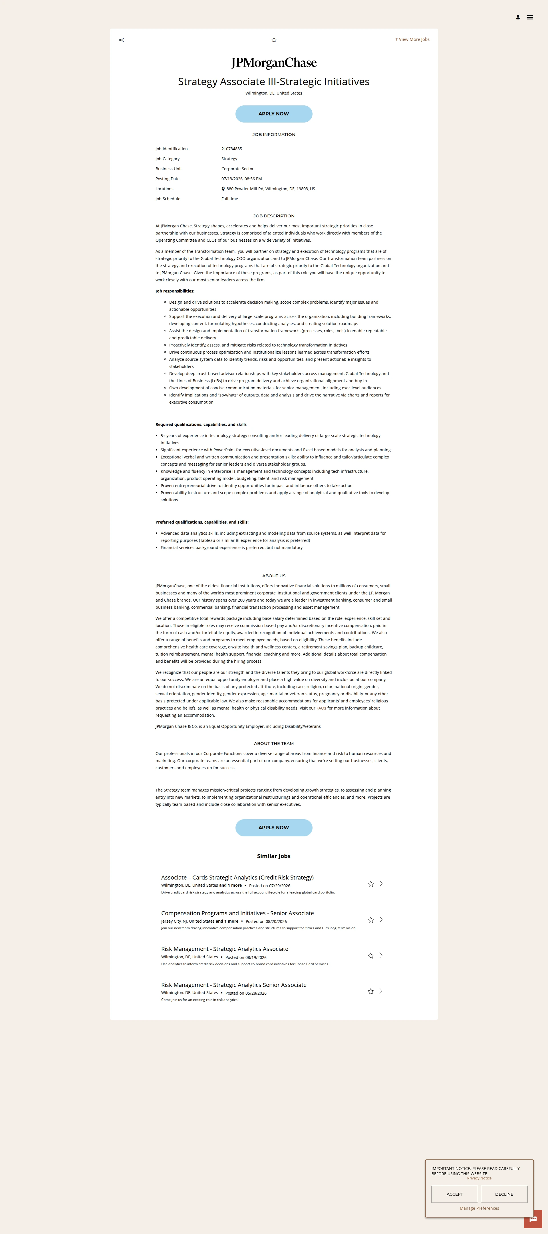 JPMorganChase Strategy Associate III-Strategic Initiatives 채용공고