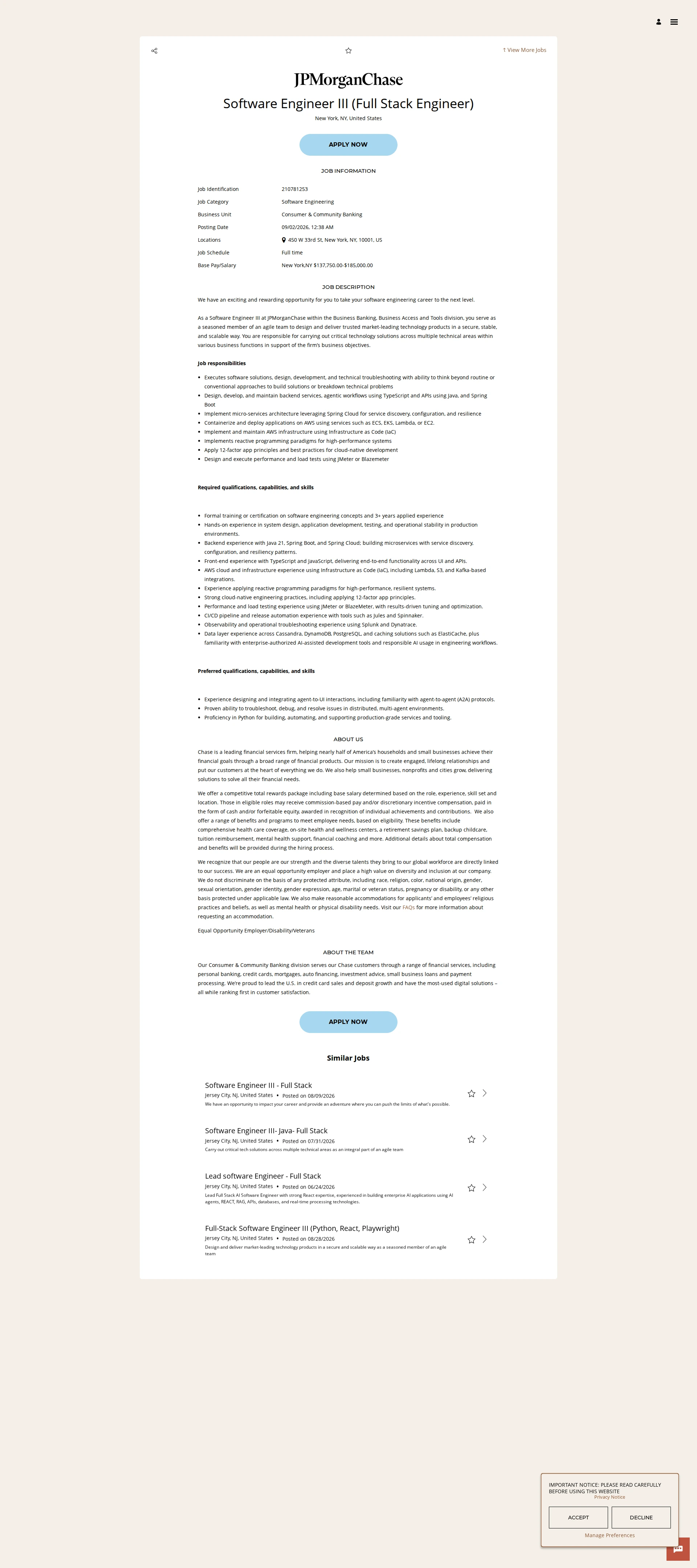 JPMorganChase Software Engineer III (Full Stack Engineer) 채용공고