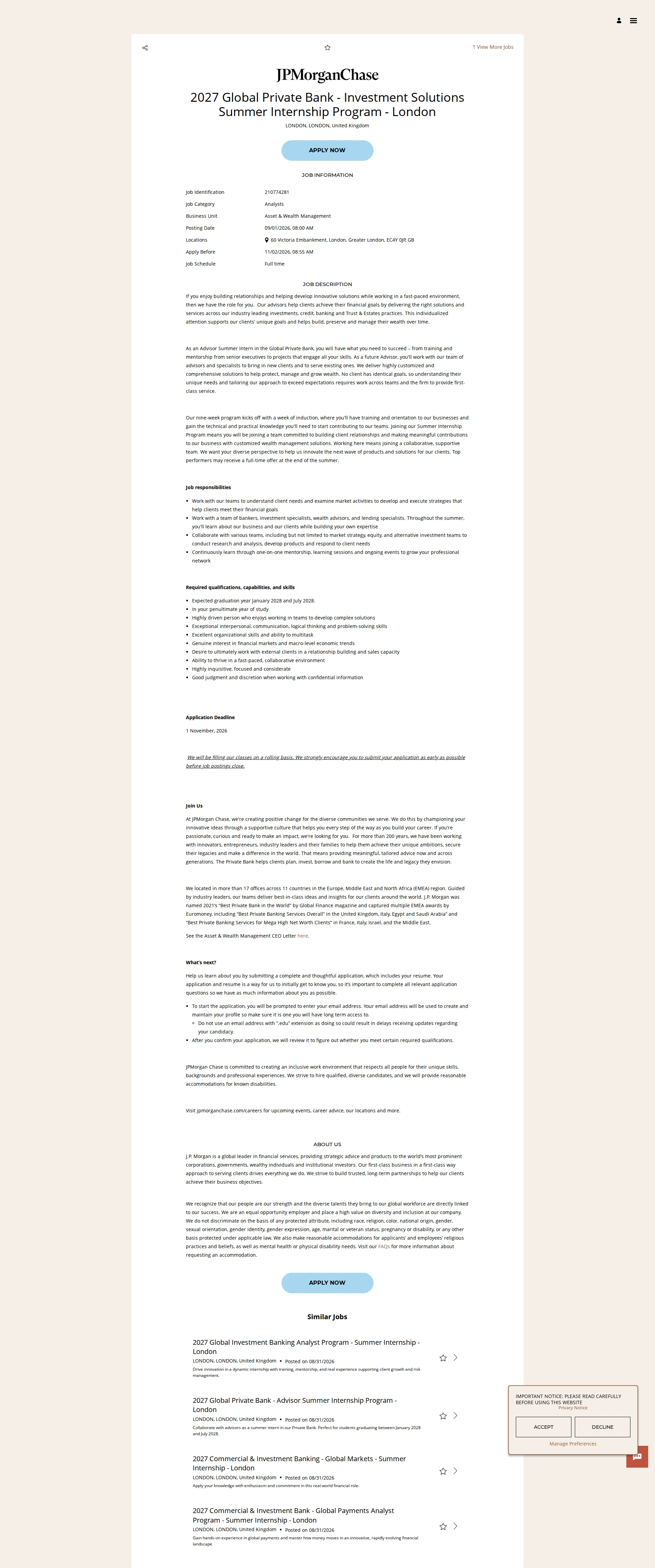 JPMorganChase 2027 Global Private Bank - Investment Solutions Summer Internship Program - London 채용공고