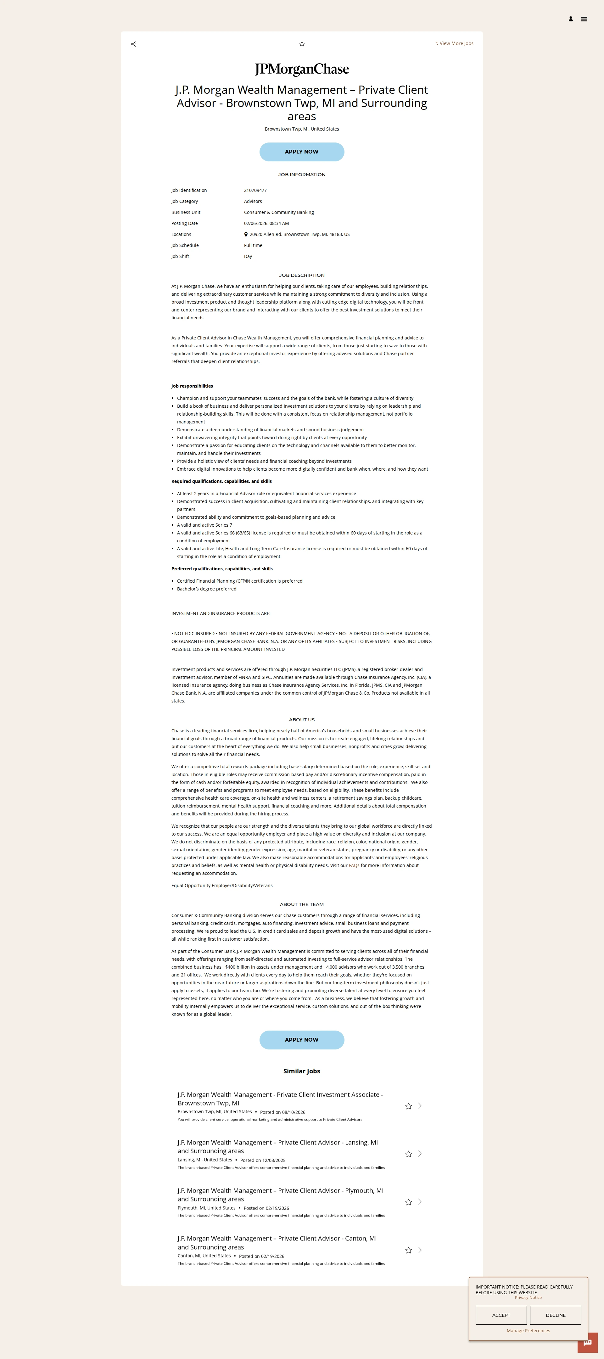 JPMorganChase J.P. Morgan Wealth Management – Private Client Advisor - Brownstown Twp, MI and Surrounding areas 채용공고