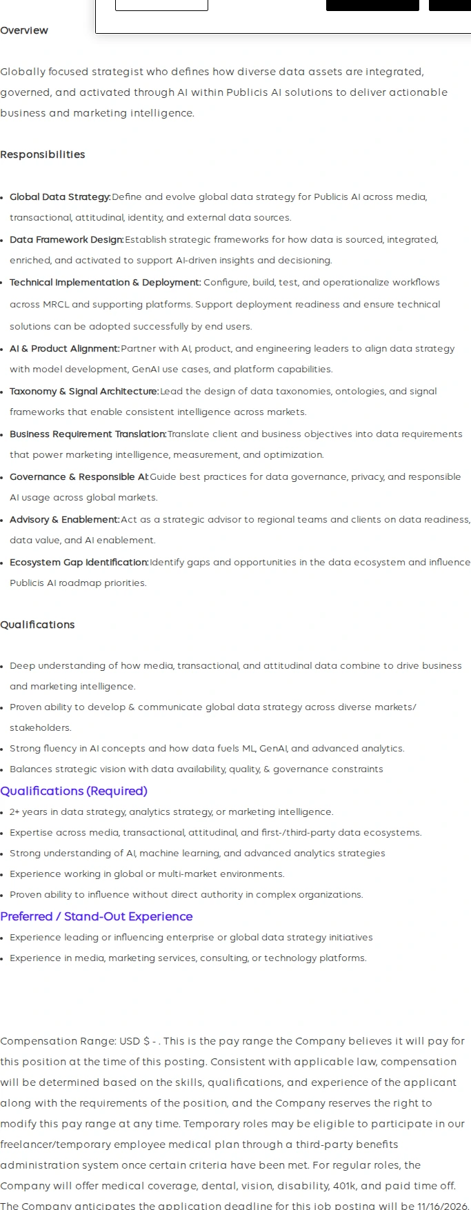 Publicis Groupe Data Engineer, Applied AI Strategy 채용공고