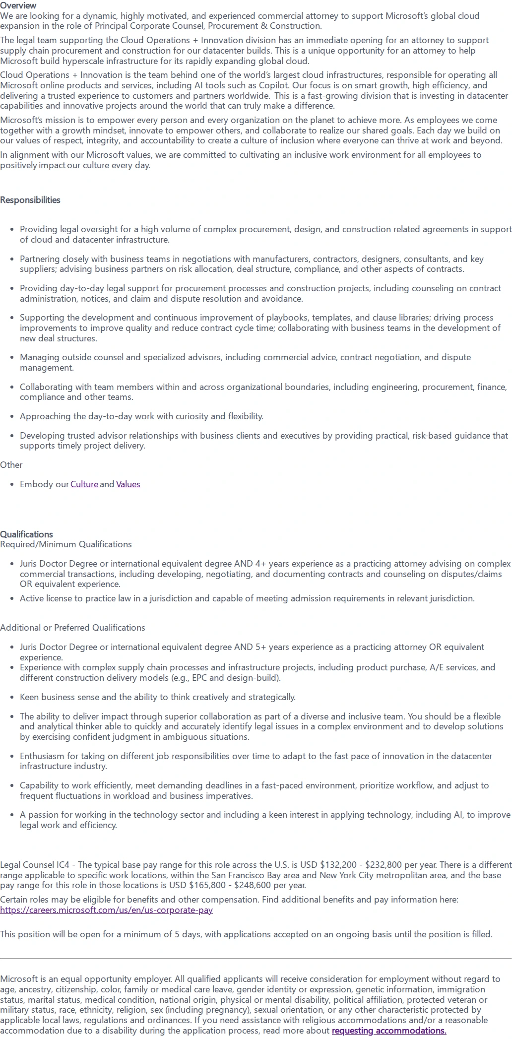 마이크로소프트(Microsoft) Principal Corporate Counsel, Procurement & Construction 채용공고