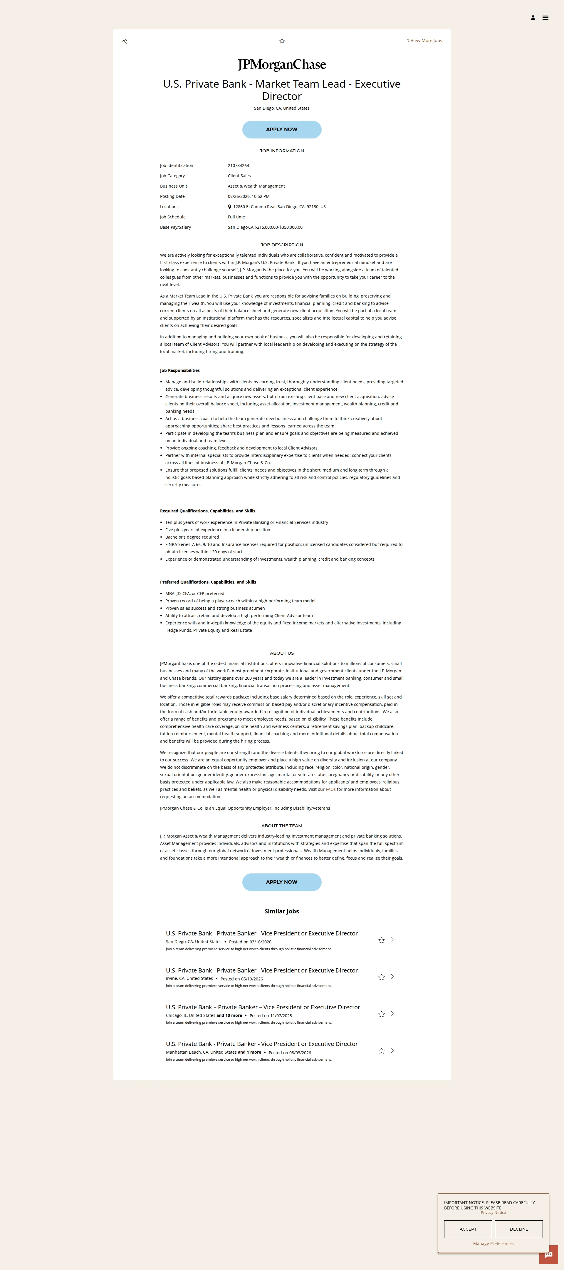 JPMorganChase U.S. Private Bank - Market Team Lead - Executive Director 채용공고