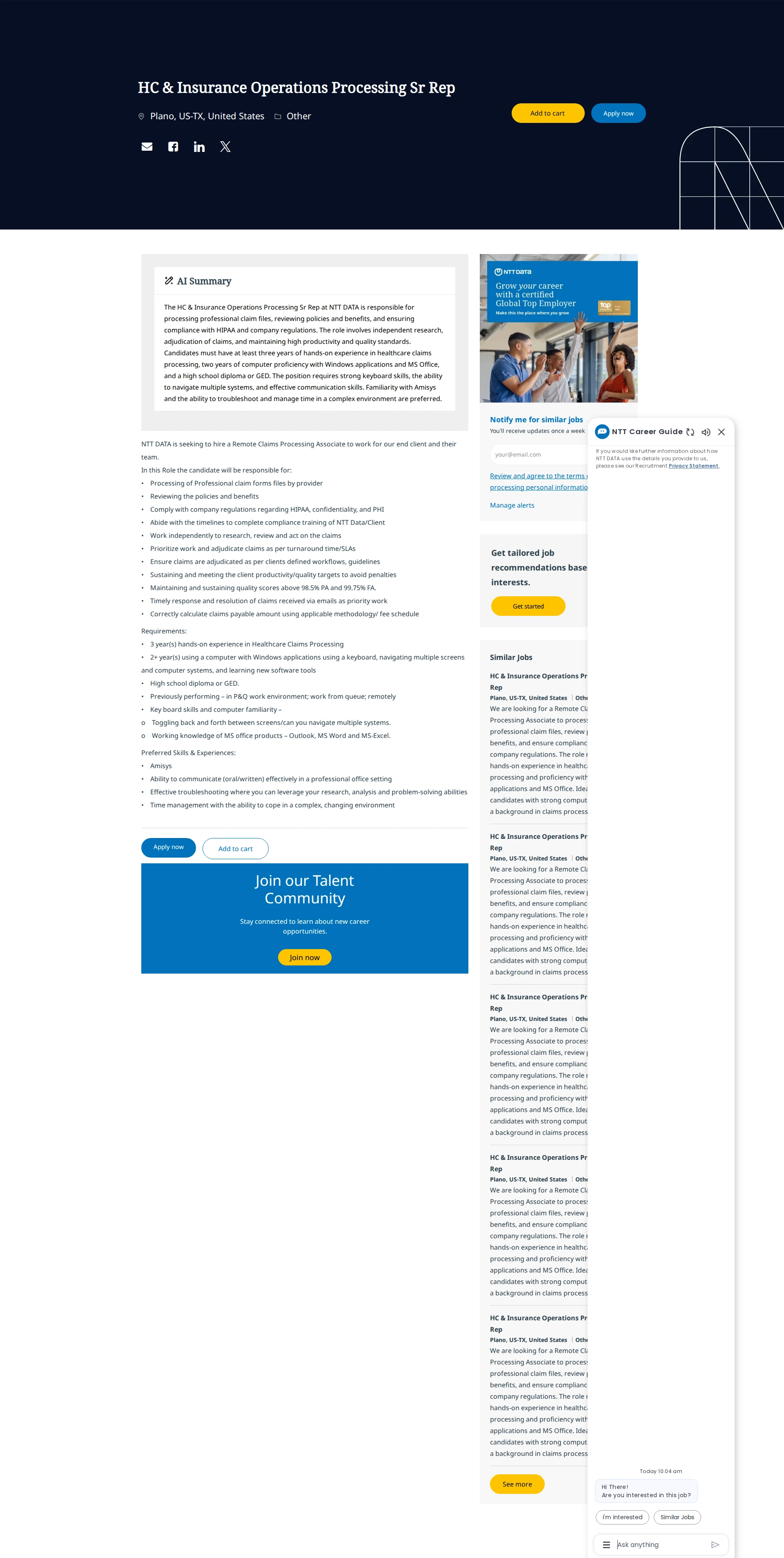NTT데이터 HC & Insurance Operations Processing Sr Rep 채용공고