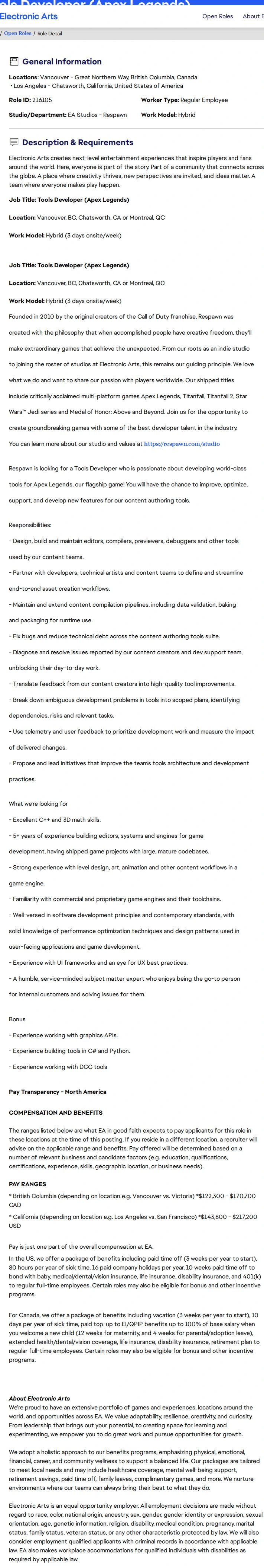 ElectronicArts Tools Developer (Apex Legends) 채용공고