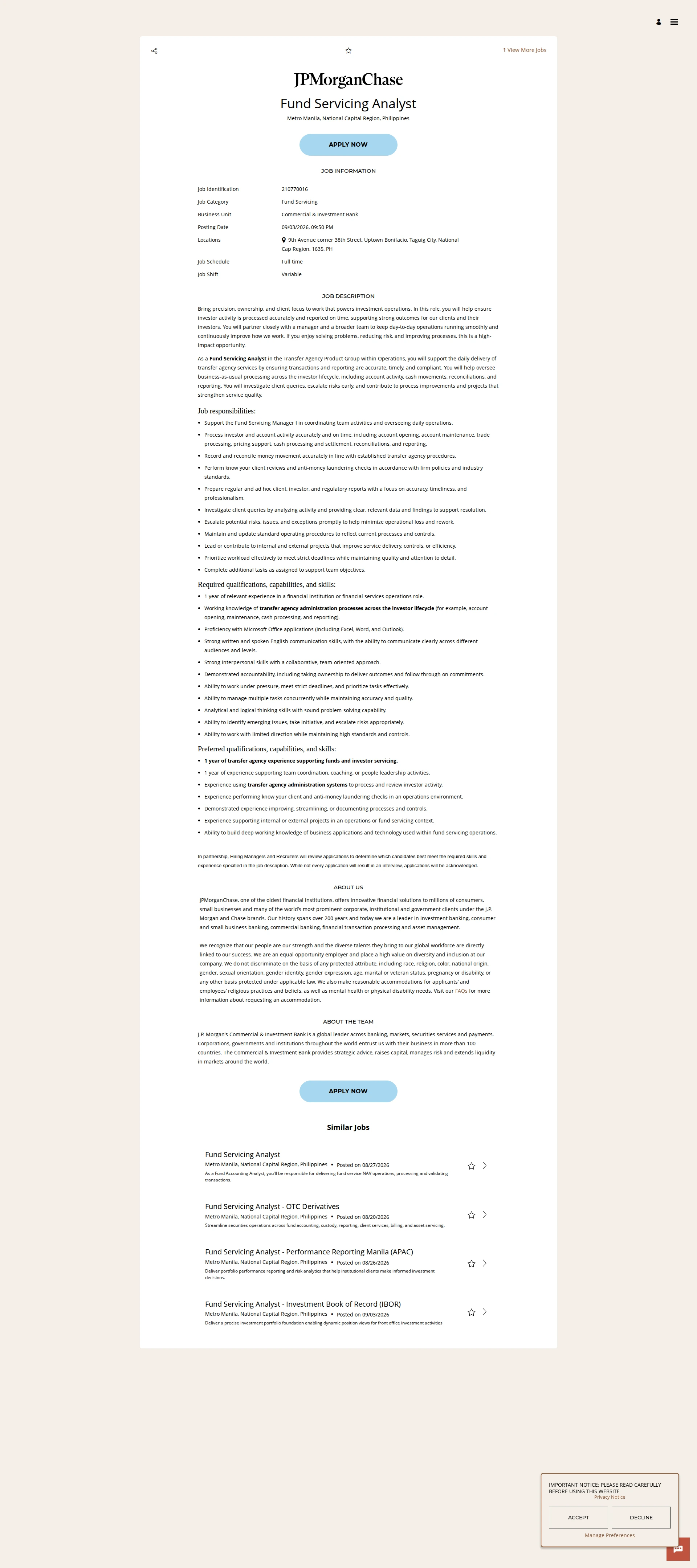 JPMorganChase Fund Servicing Analyst 채용공고