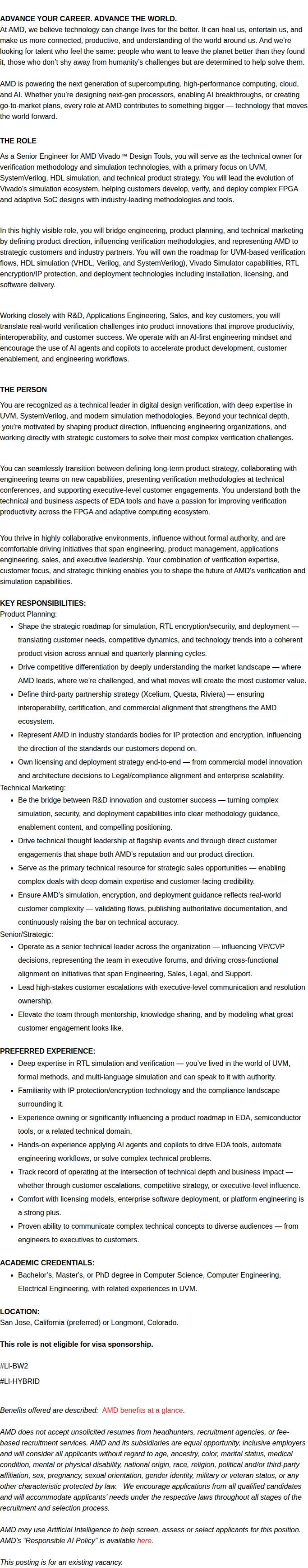 AMD Senior Product Planning Engineer - Simulation, Security, and Deployment 채용공고