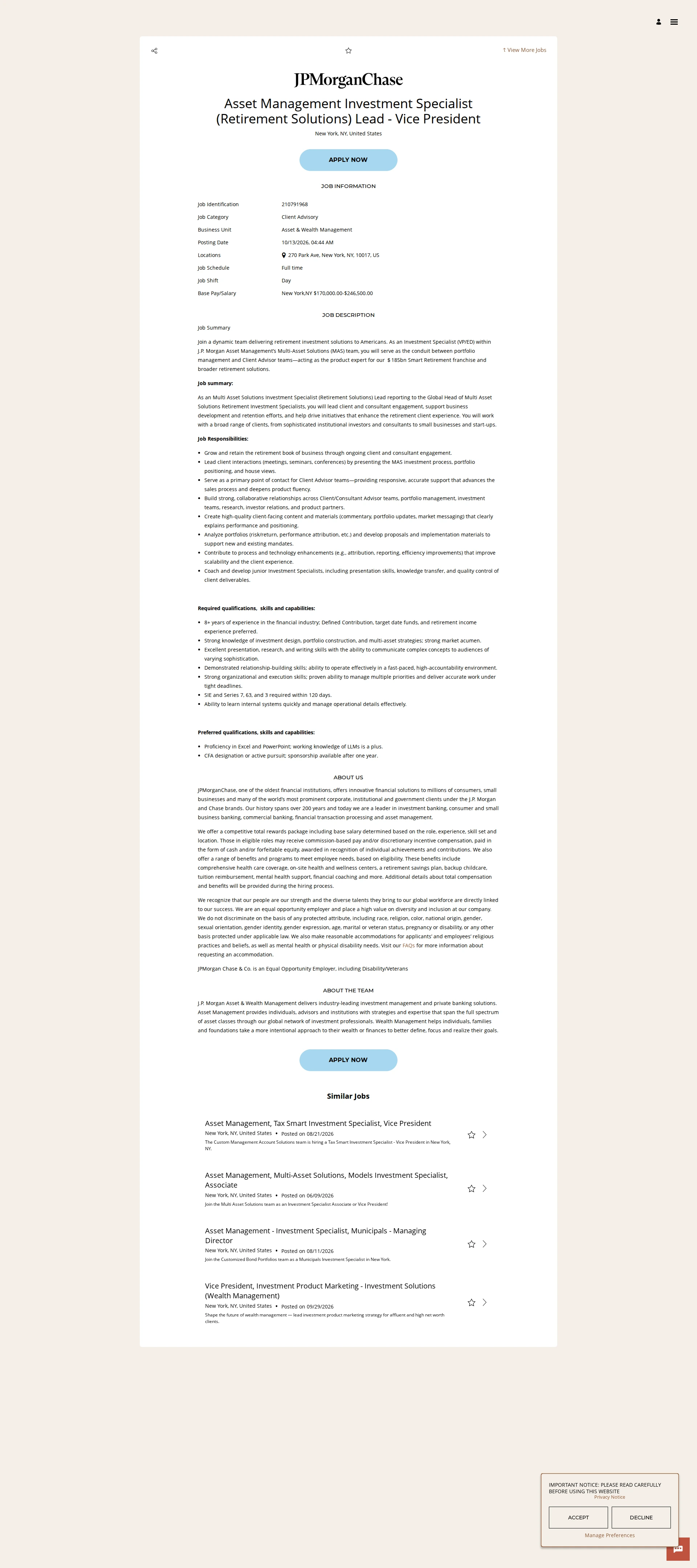JPMorganChase Asset Management Investment Specialist (Retirement Solutions) Lead - Vice President 채용공고