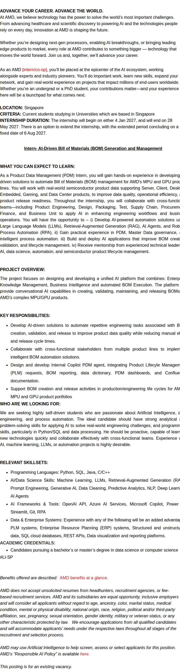 AMD AI-Driven Bill of Materials (BOM) Generation and Management Intern 채용공고