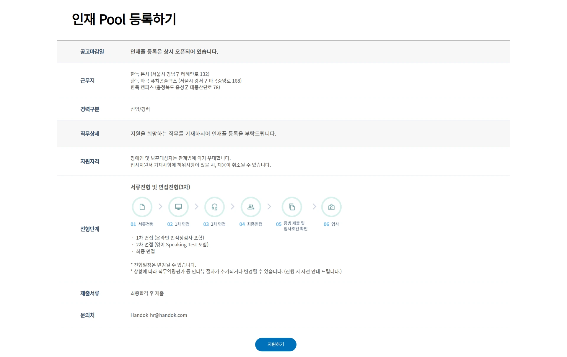 한독 인재 Pool 등록하기 채용공고