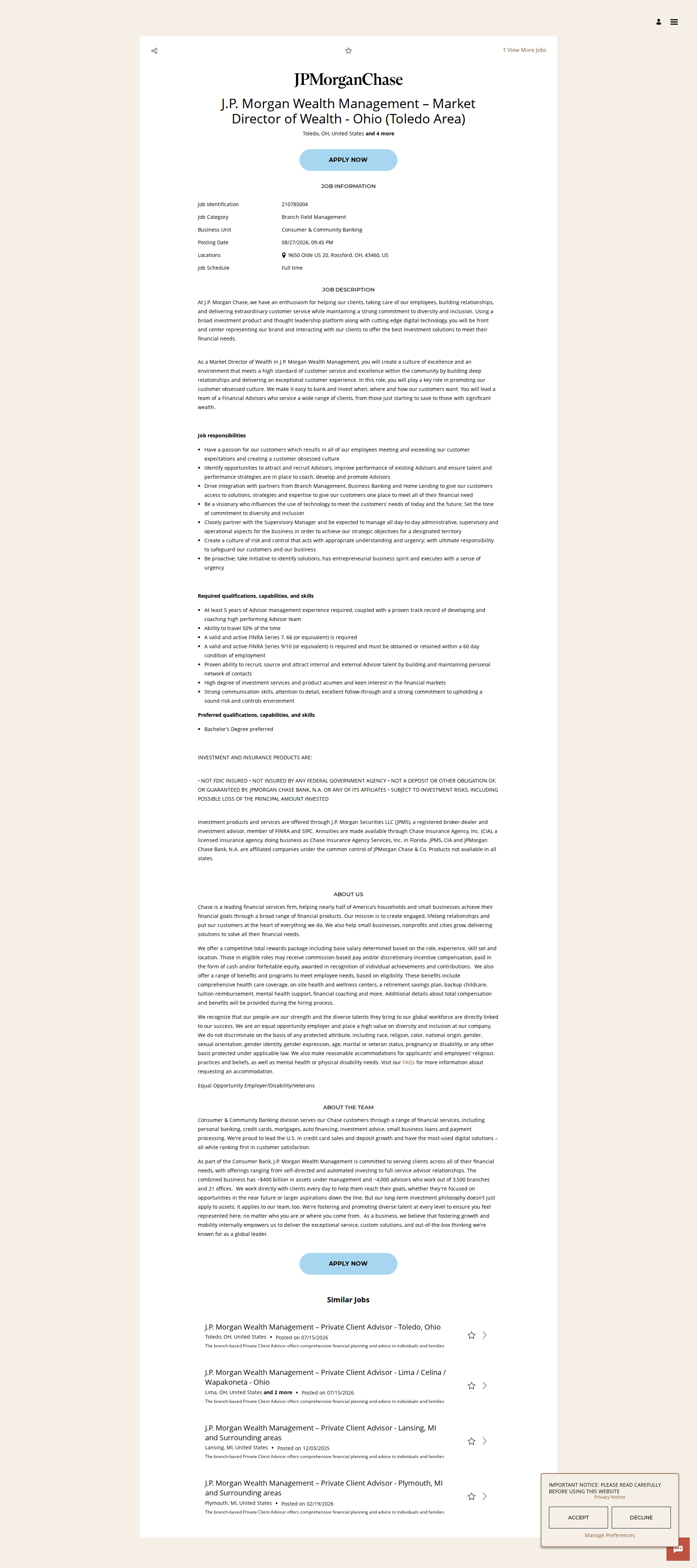 JPMorganChase J.P. Morgan Wealth Management – Market Director of Wealth - Ohio (Toledo Area) 채용공고