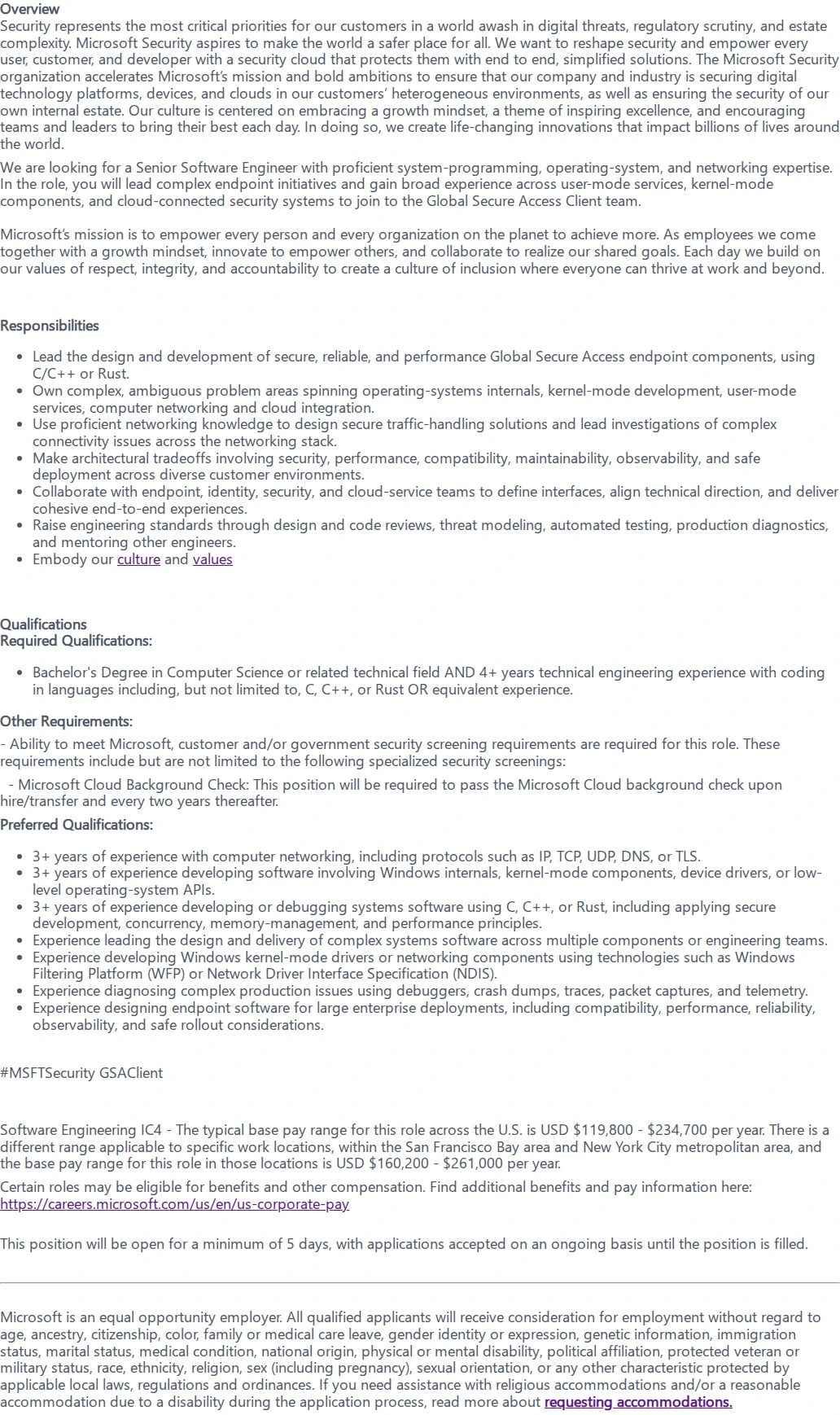 마이크로소프트(Microsoft) Senior Software Engineer - C++ 채용공고