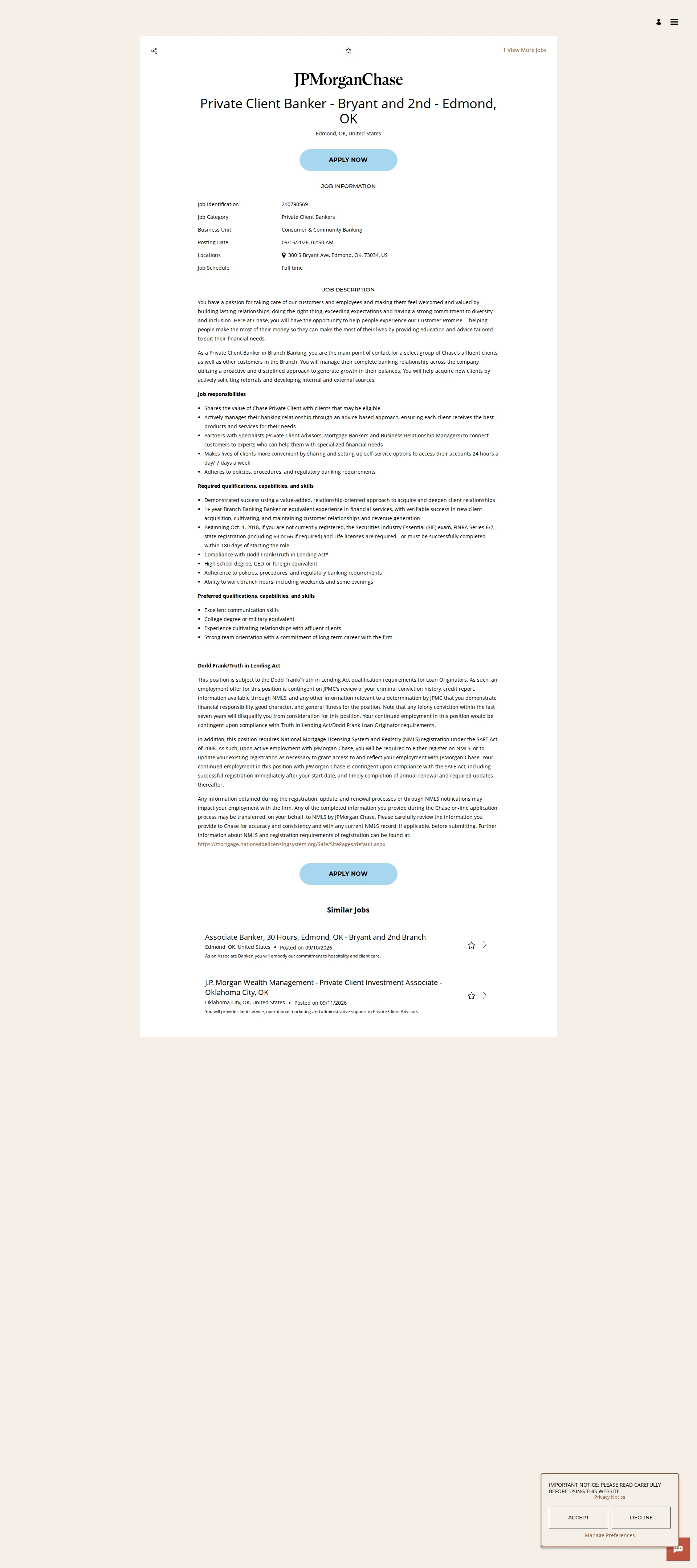 JPMorganChase Private Client Banker - Bryant and 2nd - Edmond, OK 채용공고