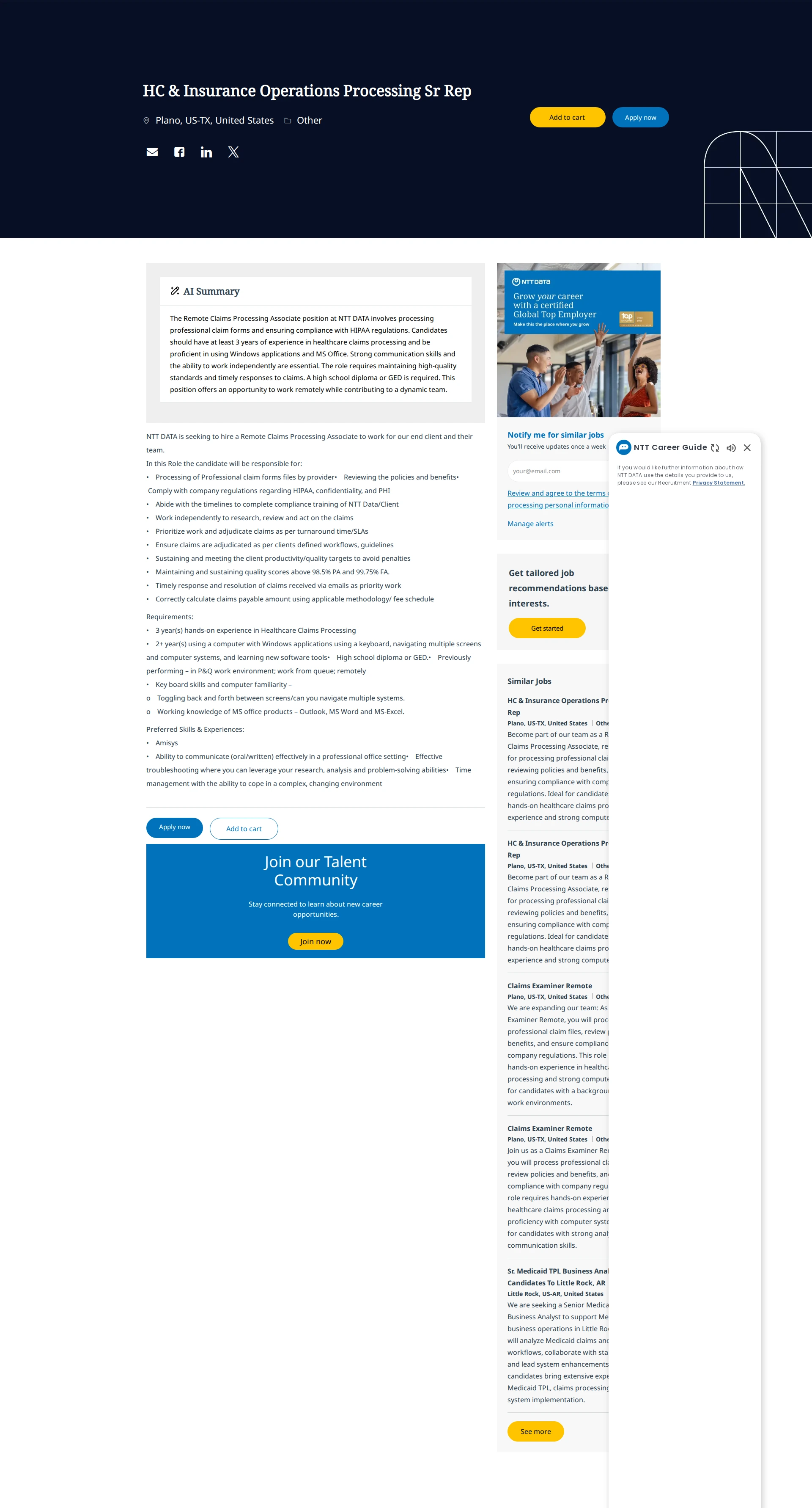 NTT데이터 HC & Insurance Operations Processing Sr Rep 채용공고