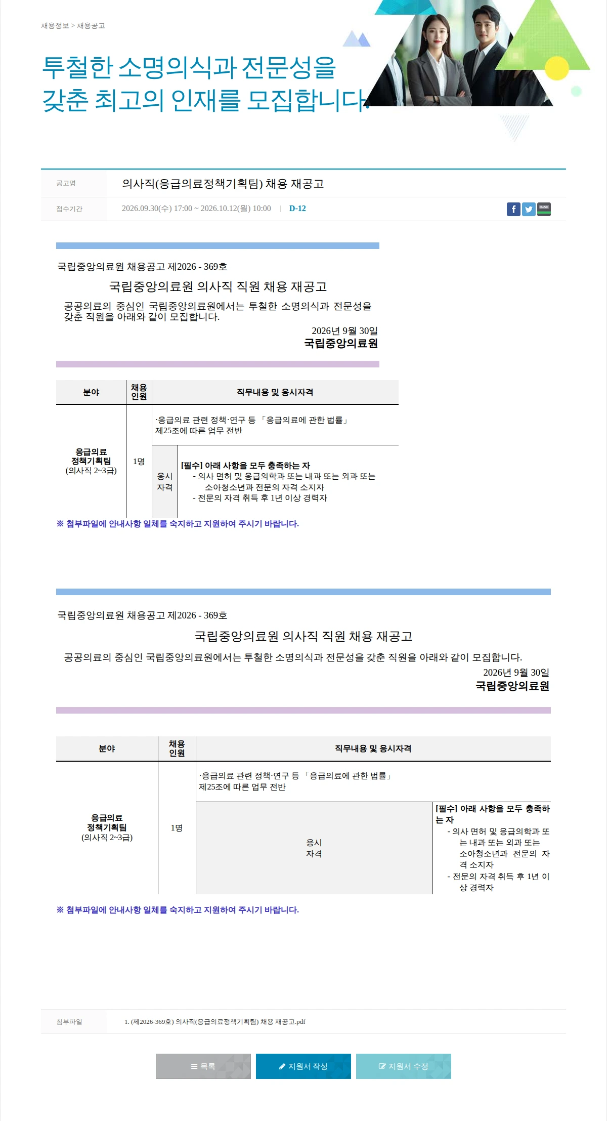 국립중앙의료원 의사직(응급의료정책기획팀) 채용 재공고 채용공고
