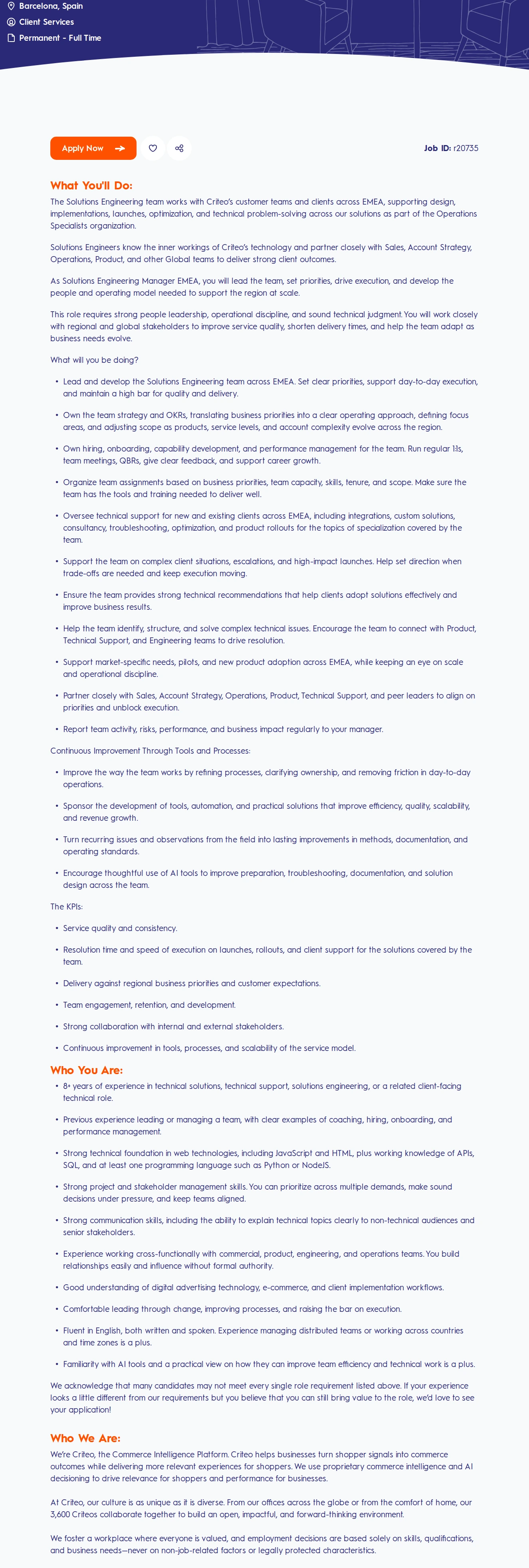 크리테오 Solutions Engineering Manager EMEA, Performance Media 채용공고
